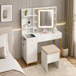 WELLFOR - Vanity Desk with Stool and LED Lights Mirrored , Makeup Vanity Table with Glass Tabletop & Charging Station - White