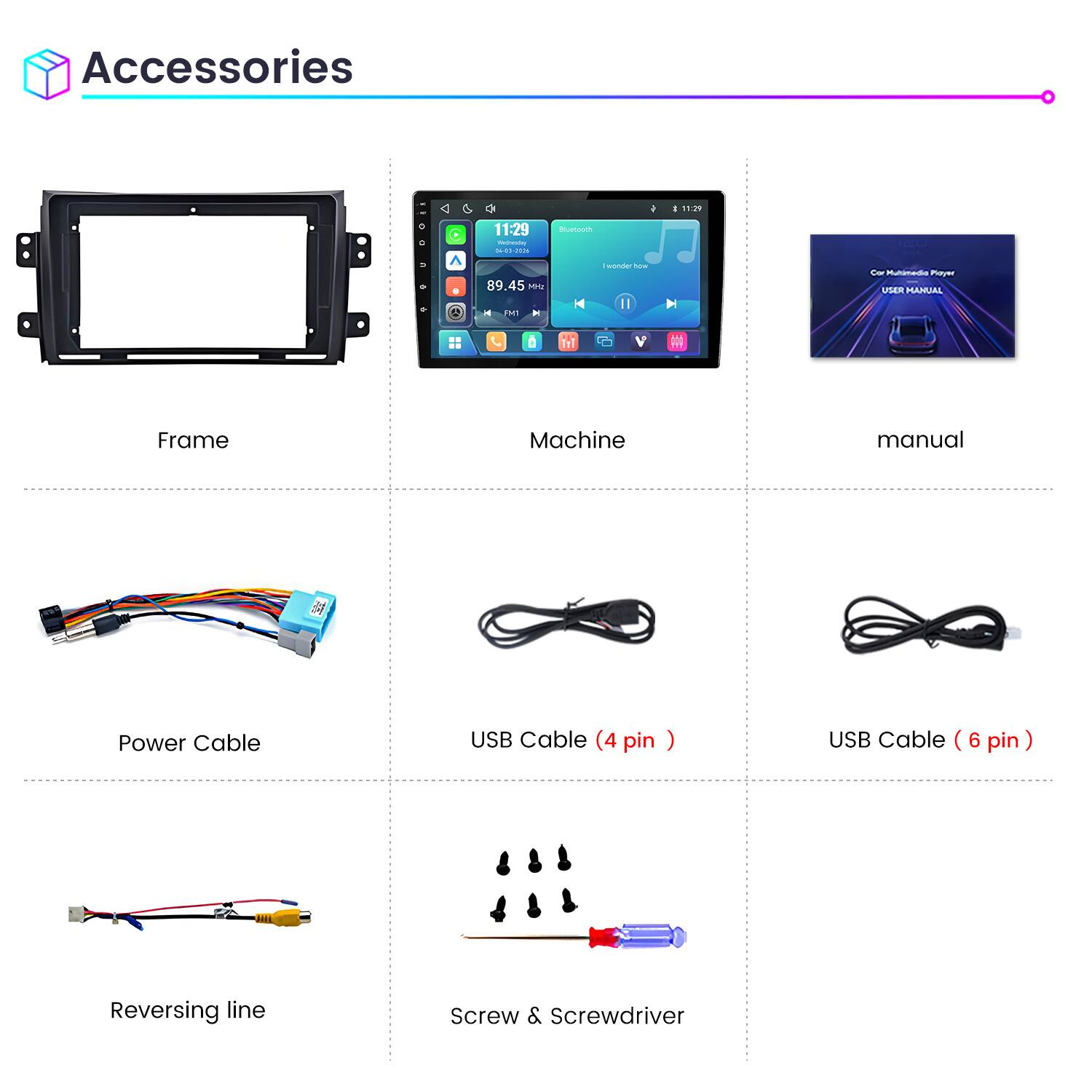 Accessories

- Frame
- Machine
- Manual
- Power Cable
- USB Cable (4 pin)
- USB Cable (6 pin)
- Reversing line
- Screw & Screwdriver