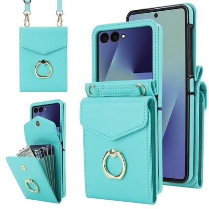 Front. Dteck - Wallet Case for Samsung Galaxy Z Flip7, Crossbody Ring Stand Faux Leather Cover with RFID Blocking Card Holder+Strap - Green.