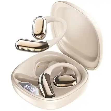 Front. Trigiz - Open Ear Wireless Earbuds with Hi-Fi Stereo, Bluetooth 5.4, 60H Playtime & LED Display, IPX7 for Fitness & Cycling - Beige.