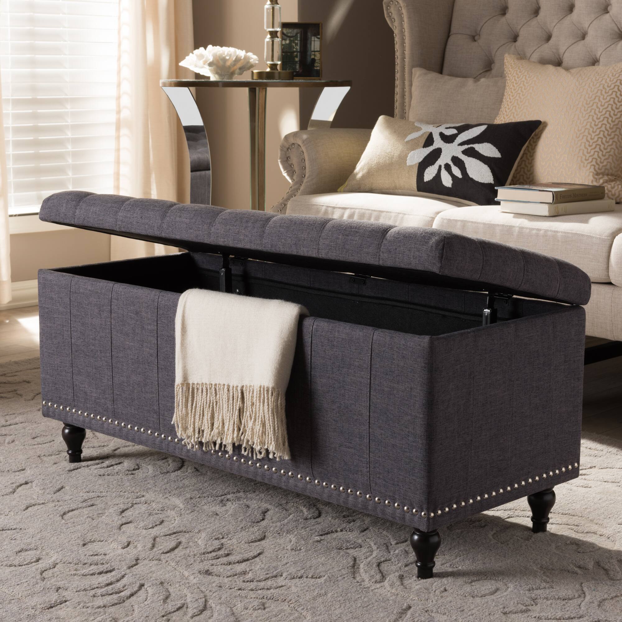 Alt View 5. Baxton Studio - Kaylee Modern Classic Fabric Upholstered Button-Tufting Storage Ottoman Bench - Dark Grey.