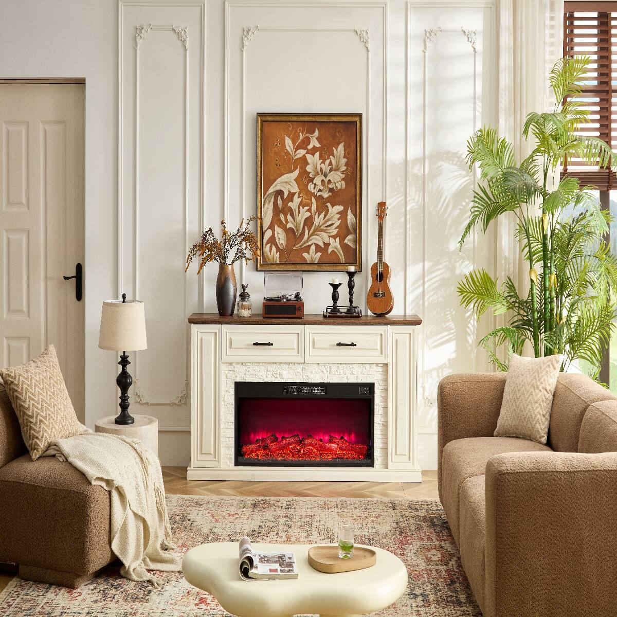 Left. Loheer - Loheer 70 Inch Fireplace TV Stand for 80 Inch TV, White Farmhouse Entertainment Center with 42 Inch Electric Heater - White.