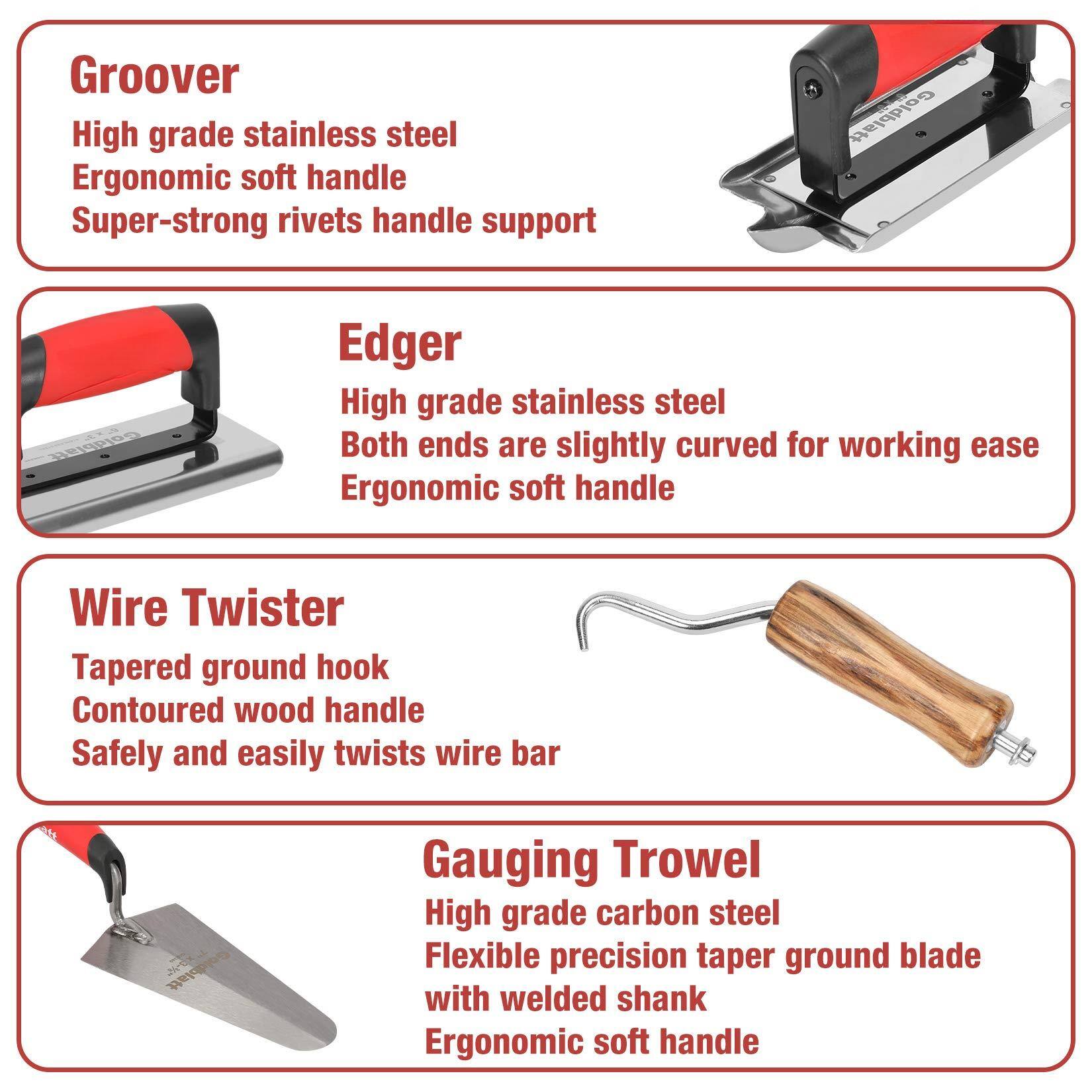 Groover  
- High grade stainless steel  
- Ergonomic soft handle  
- Super-strong rivets handle support  

Edger  
- High grade stainless steel  
- Both ends are slightly curved for working ease  
- Ergonomic soft handle  

Wire Twister  
- Tapered ground hook  
- Contoured wood handle  
- Safely and easily twists wire bar  

Gauging Trowel  
- High grade carbon steel  
- Flexible precision taper ground blade with welded shank  
- Ergonomic soft handle