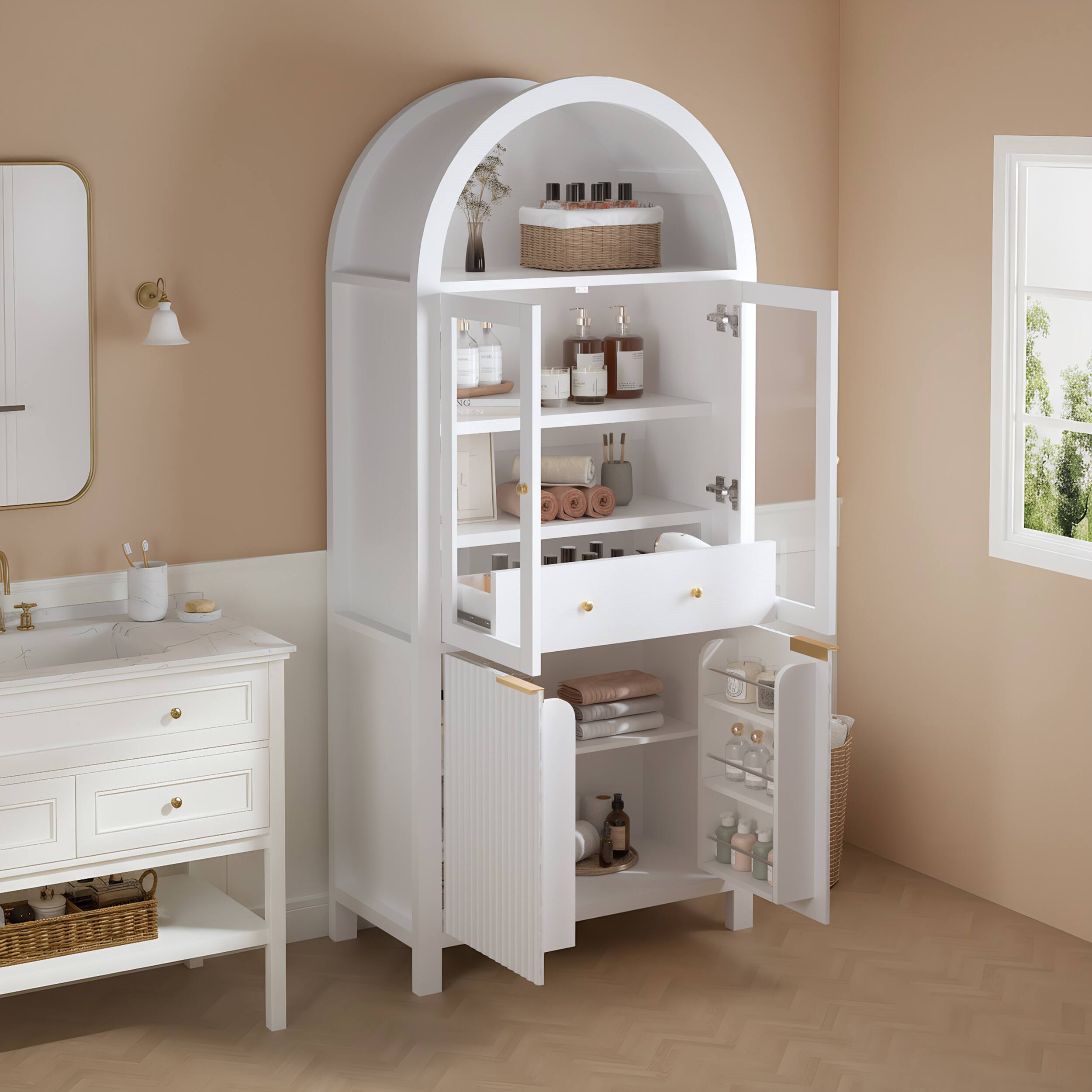 Left. Loheer - Loheer Arched Pantry Cabinet, White Tall Pantry Cabinet with Glass Doors, Drawer, Adjustable Shelves, 71 in - White.
