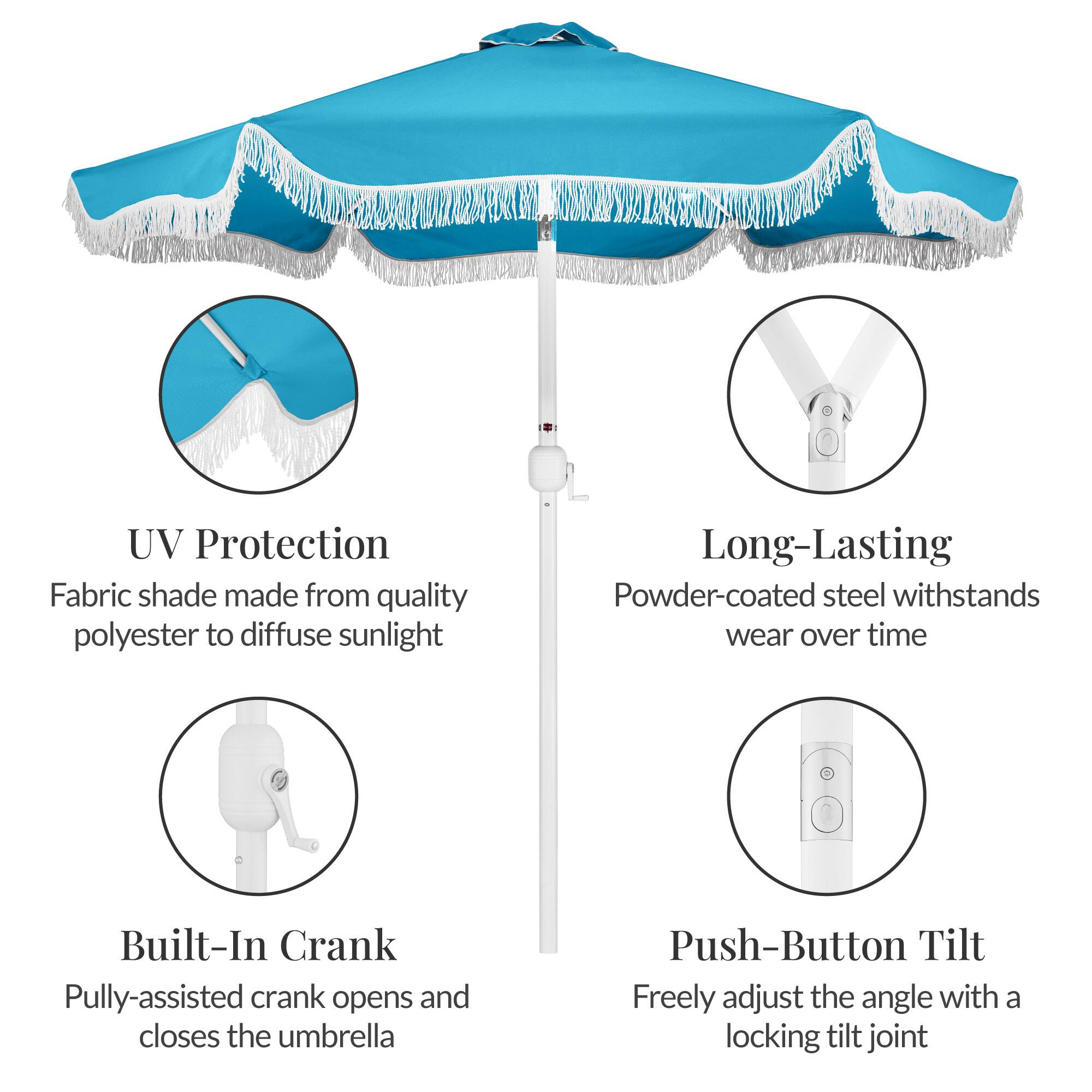 UV Protection  
Fabric shade made from quality polyester to diffuse sunlight  

Long-Lasting  
Powder-coated steel withstands wear over time  

Built-In Crank  
Pully-assisted crank opens and closes the umbrella  

Push-Button Tilt  
Freely adjust the angle with a locking tilt joint