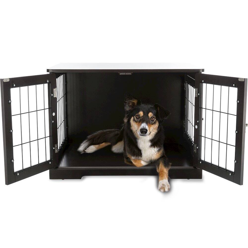 Left. TRIXIE - Dog Crate, Wooden Indoor Kennel Furniture for Dogs Up to 50 lb - Espresso Brown.