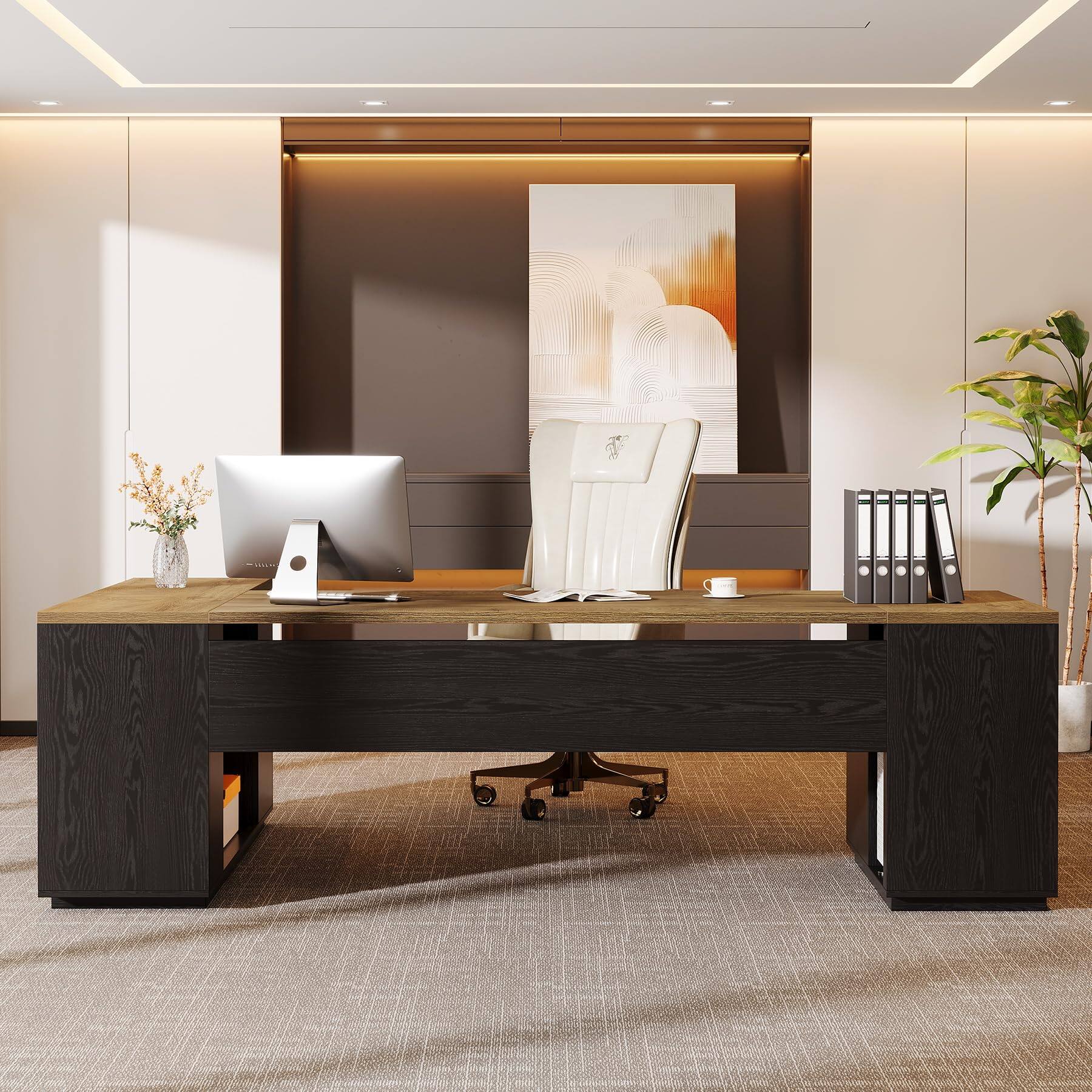 Alt View 3. Tribesigns - 85.8-Inch L-Shaped Executive Desk, Extra Large Home Office Desk - Light Brown & Black.