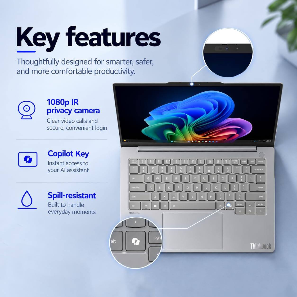 Key features  
Thoughtfully designed for smarter, safer, and more comfortable productivity.

1080p IR privacy camera  
Clear video calls and secure, convenient login

Copilot Key  
Instant access to your AI assistant

Spill-resistant  
Built to handle everyday moments