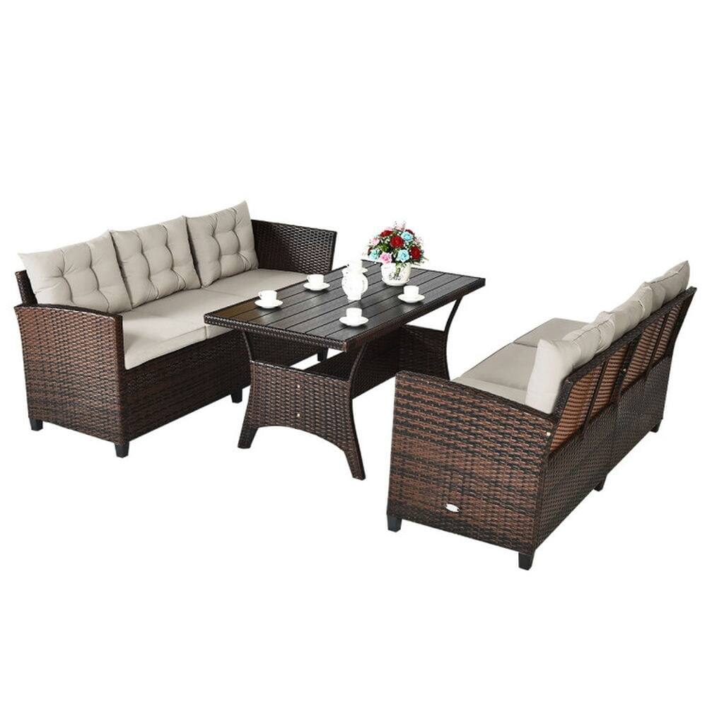 Alt View 4. Pefilos - 3 Pieces Hand-Woven Rattan Outdoor Sofa Set with Dining Table, Outdoor Sofa Set with Steel Frame and Hand-Woven Ratt - Brown.