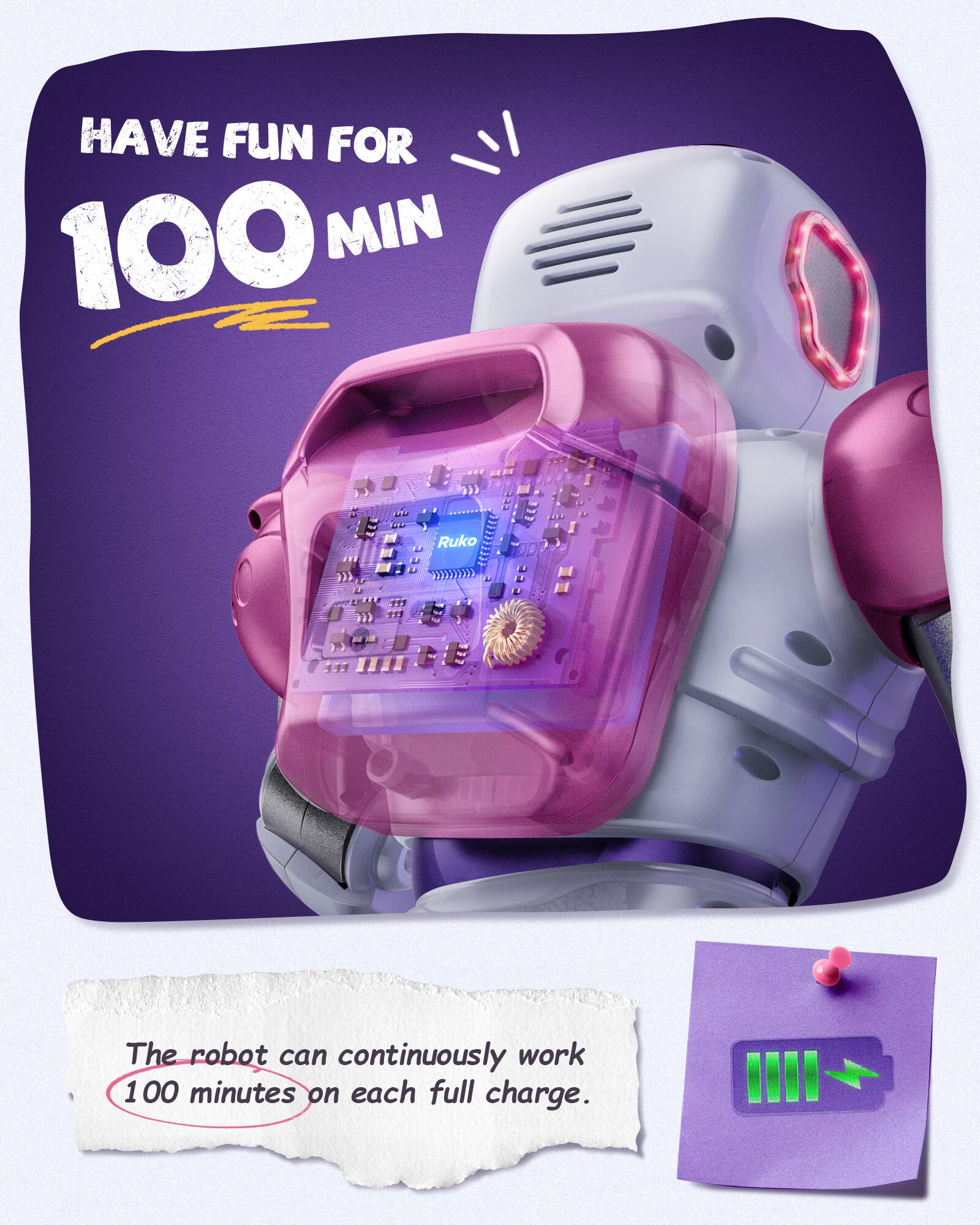 HAVE FUN FOR 100 MIN

Ruko EERERREE

The robot can continuously work 100 minutes on each full charge.