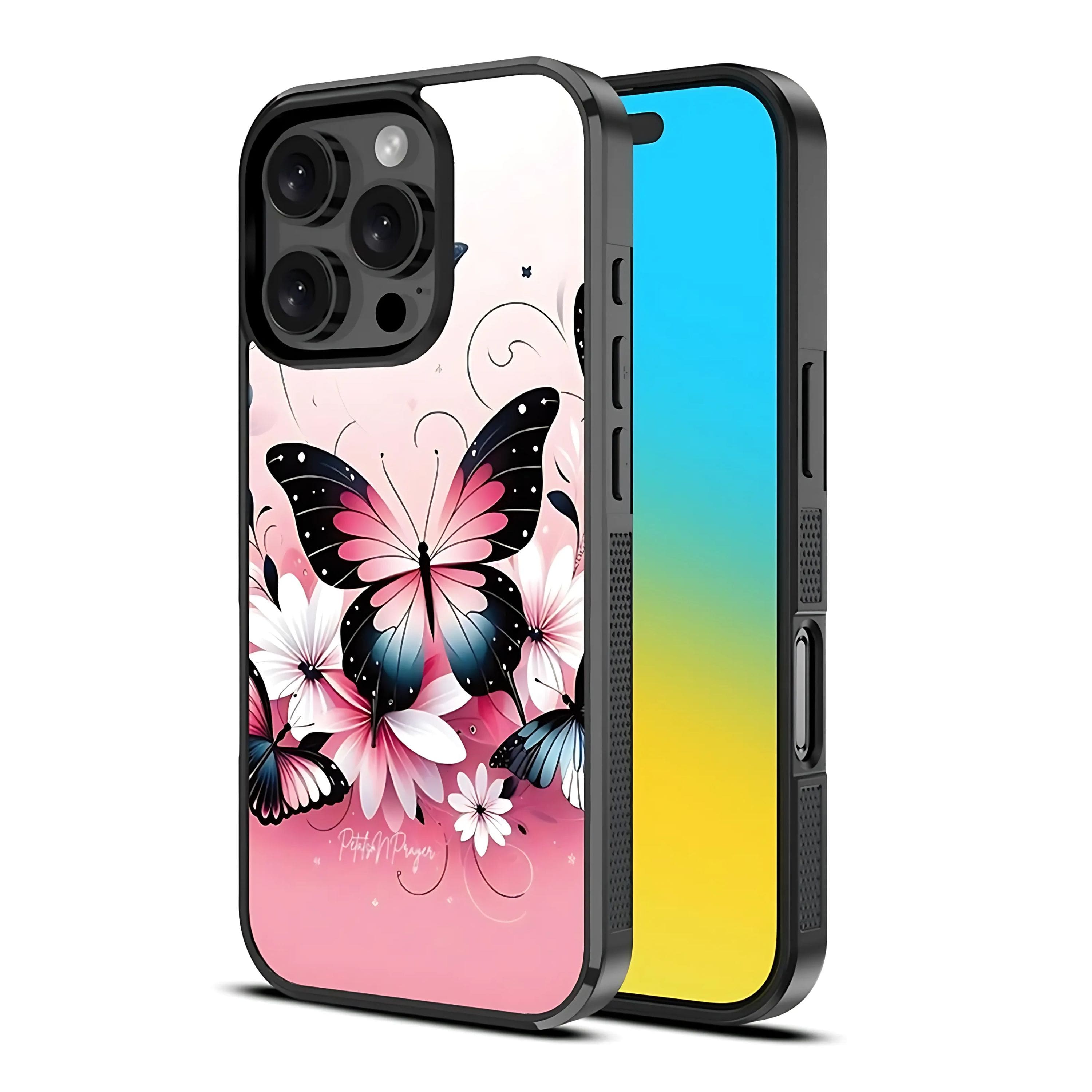 Kitcheniva - Butterfly & Flower Print Built-in Magnetic Ring Compatible Case For iPhone 16 Pro - Pink with Butterfly Art