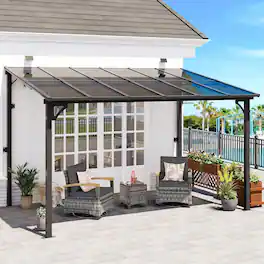 Yardgrace - 10'x 12' Outdoor Wall Mounted Lean-to Gazebo, Heavy Duty Sloped Roof Metal Awning for Patio, Decks & Backyard - Black