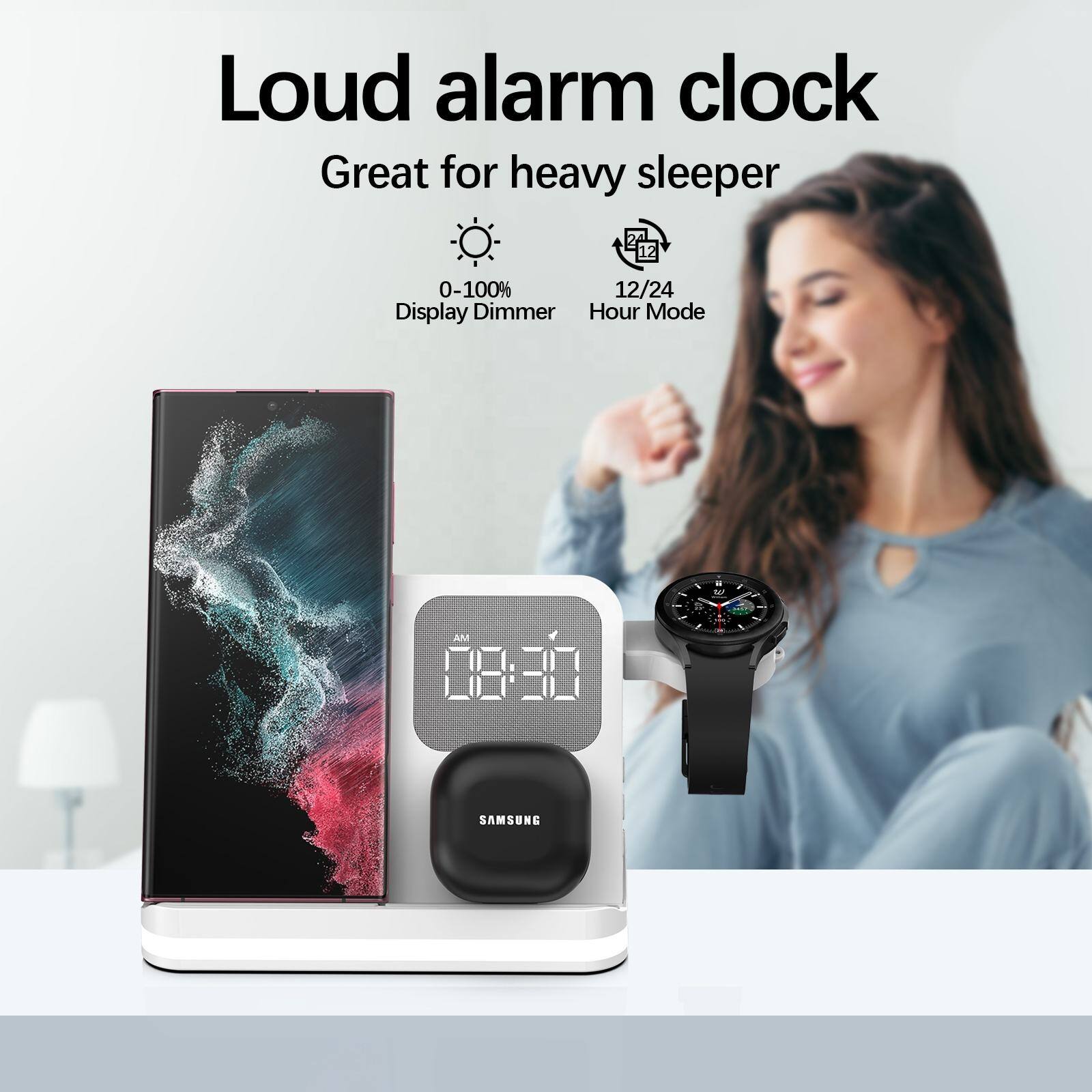 Loud alarm clock  
Great for heavy sleeper  

0-100% Display Dimmer  
12/24 Hour Mode  

AM 08:30  

SAMSUNG