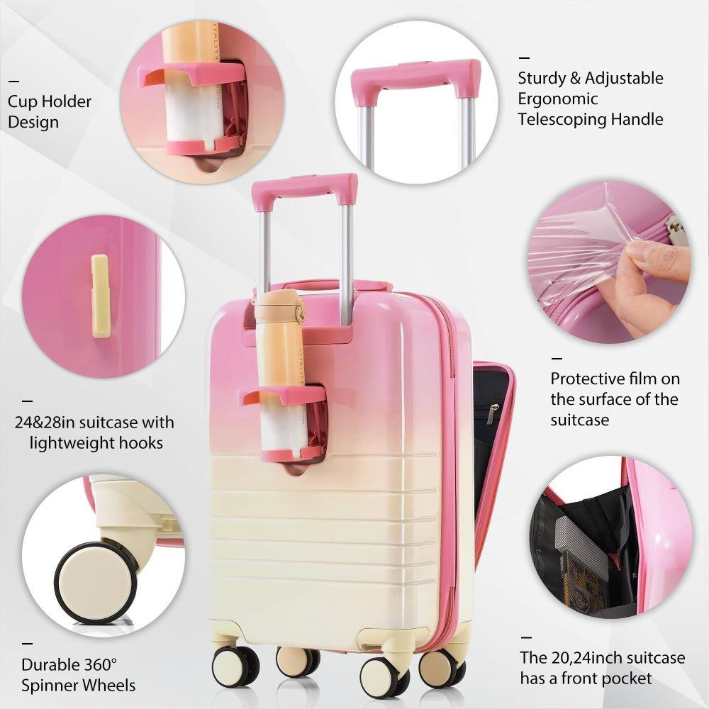 - Cup Holder Design
- Sturdy & Adjustable Ergonomic Telescoping Handle
- 24&28in suitcase with lightweight hooks
- Durable 360° Spinner Wheels
- Protective film on the surface of the suitcase
- The 20,24inch suitcase has a front pocket