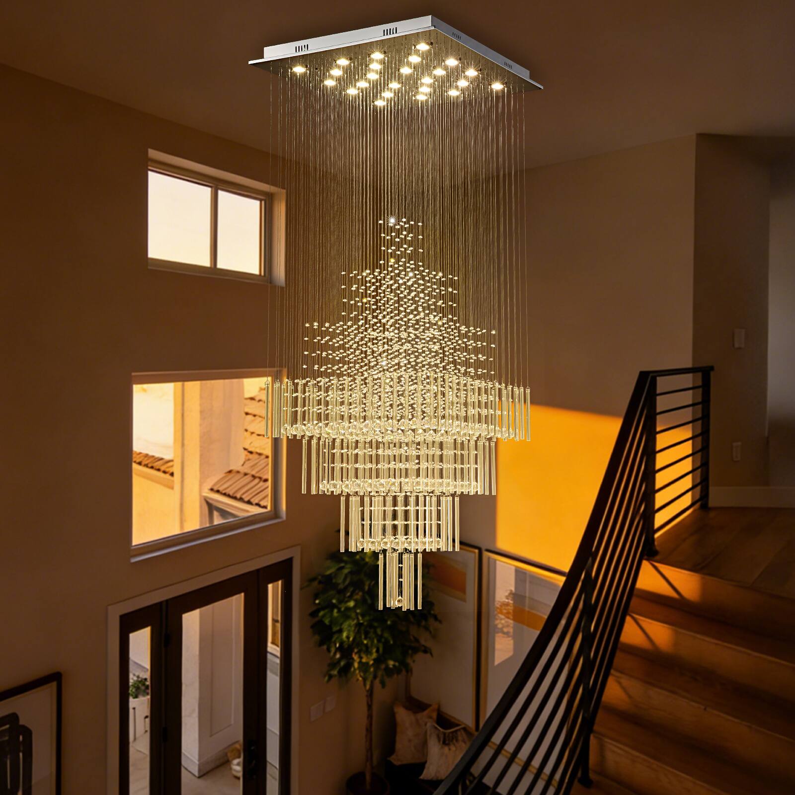Alt View 1. Siljoy - 31.5-Inch Modern Minimalist Square Layered Glass Chandelier with K9 Clear Handmade Crystal for Stairwells and Foyers - Chrome.
