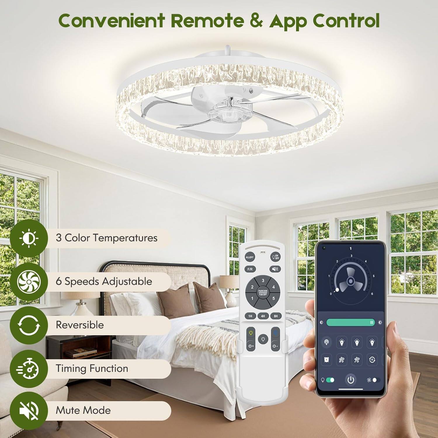 Convenient Remote & App Control

- 3 Color Temperatures
- 6 Speeds Adjustable
- Reversible
- Timing Function
- Mute Mode