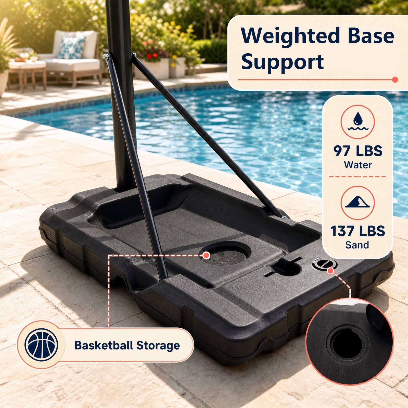 Weighted Base Support

97 LBS Water

137 LBS Sand

Basketball Storage
