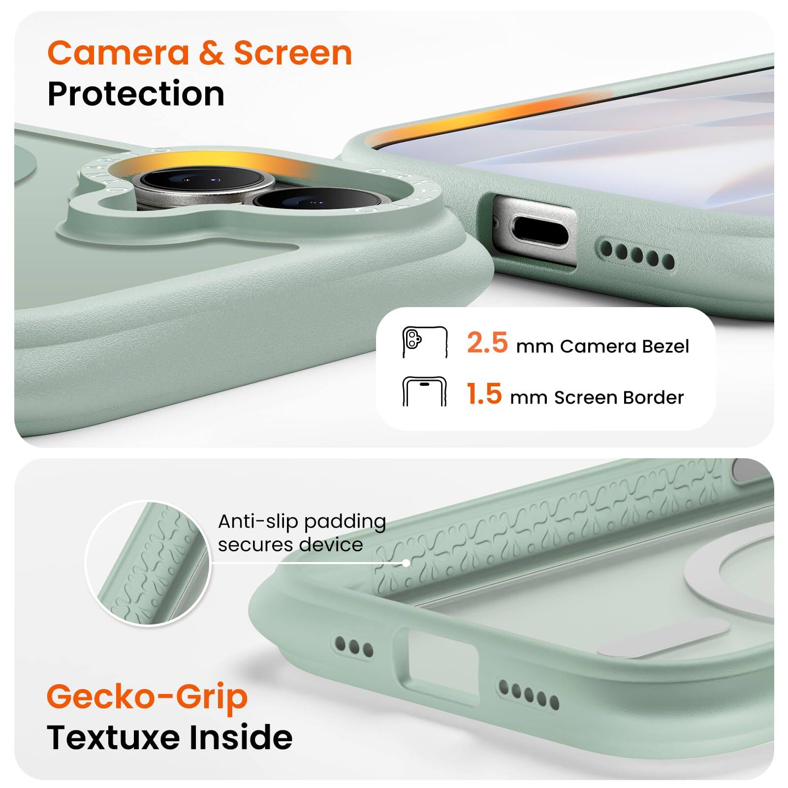 Camera & Screen Protection  
2.5 mm Camera Bezel  
1.5 mm Screen Border  
Anti-slip padding secures device  
Gecko-Grip Textuxe Inside