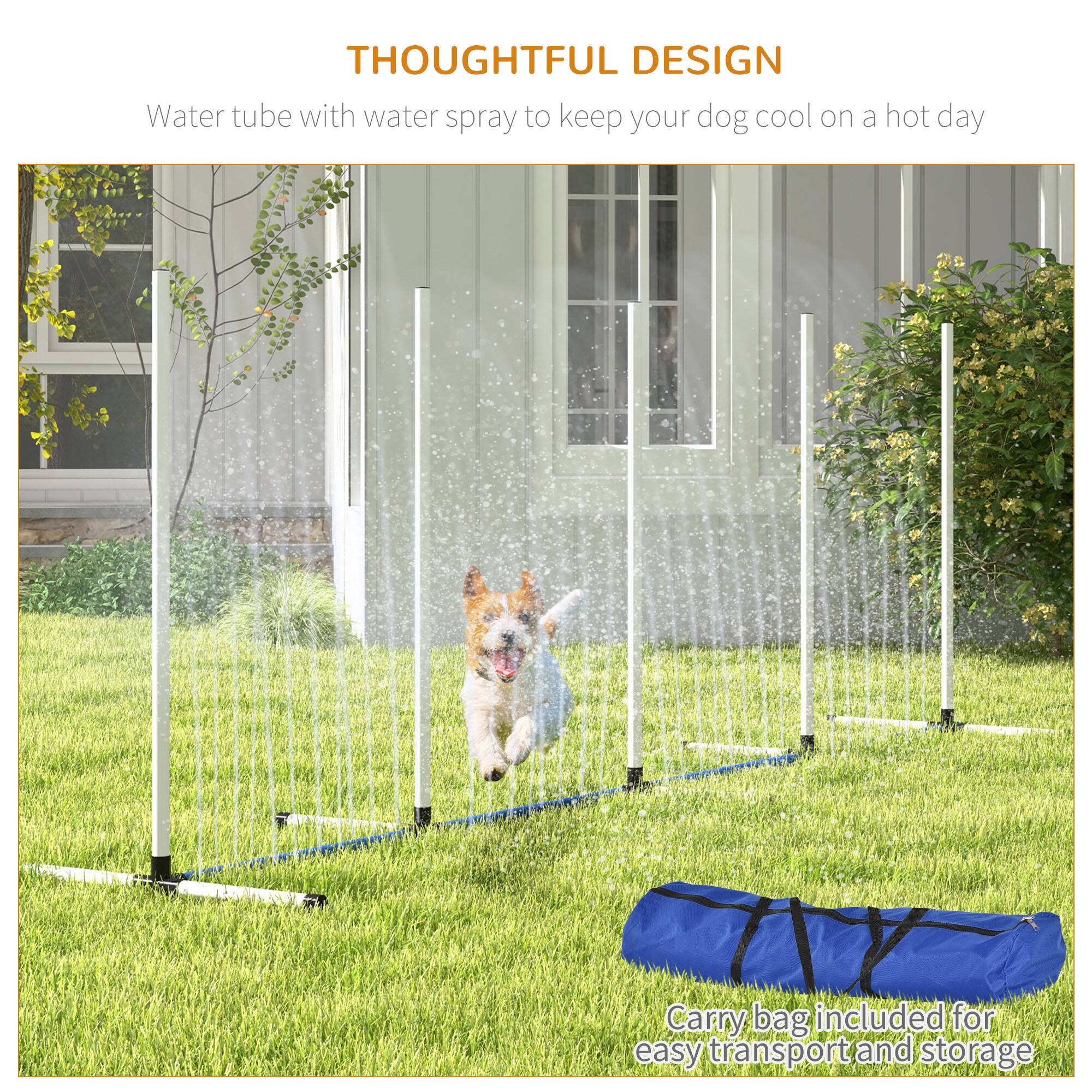 THOUGHTFUL DESIGN  
Water tube with water spray to keep your dog cool on a hot day  

Carry bag included for easy transport and storage