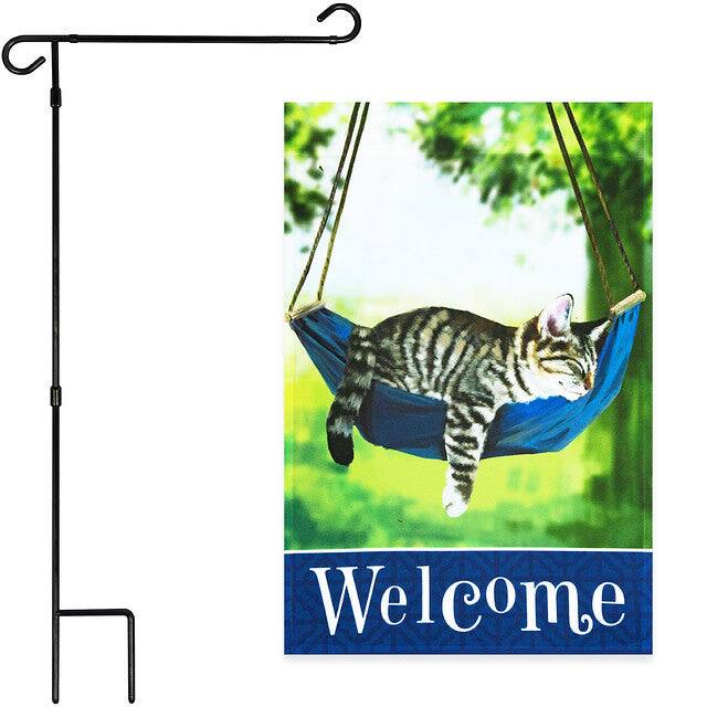 G128 - Garden Flag Stand with Welcome Sleeping Kitten Flag, 36 x 16 in Stand and 12 x 18 in Flag - Assorted Colors