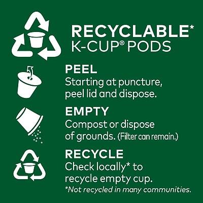 RECYCLABLE* K-CUP® PODS

PEEL
Starting at puncture, peel lid and dispose.

EMPTY
Compost or dispose of grounds. (Filter can remain.)

RECYCLE
Check locally* to recycle empty cup.

*Not recycled in many communities.