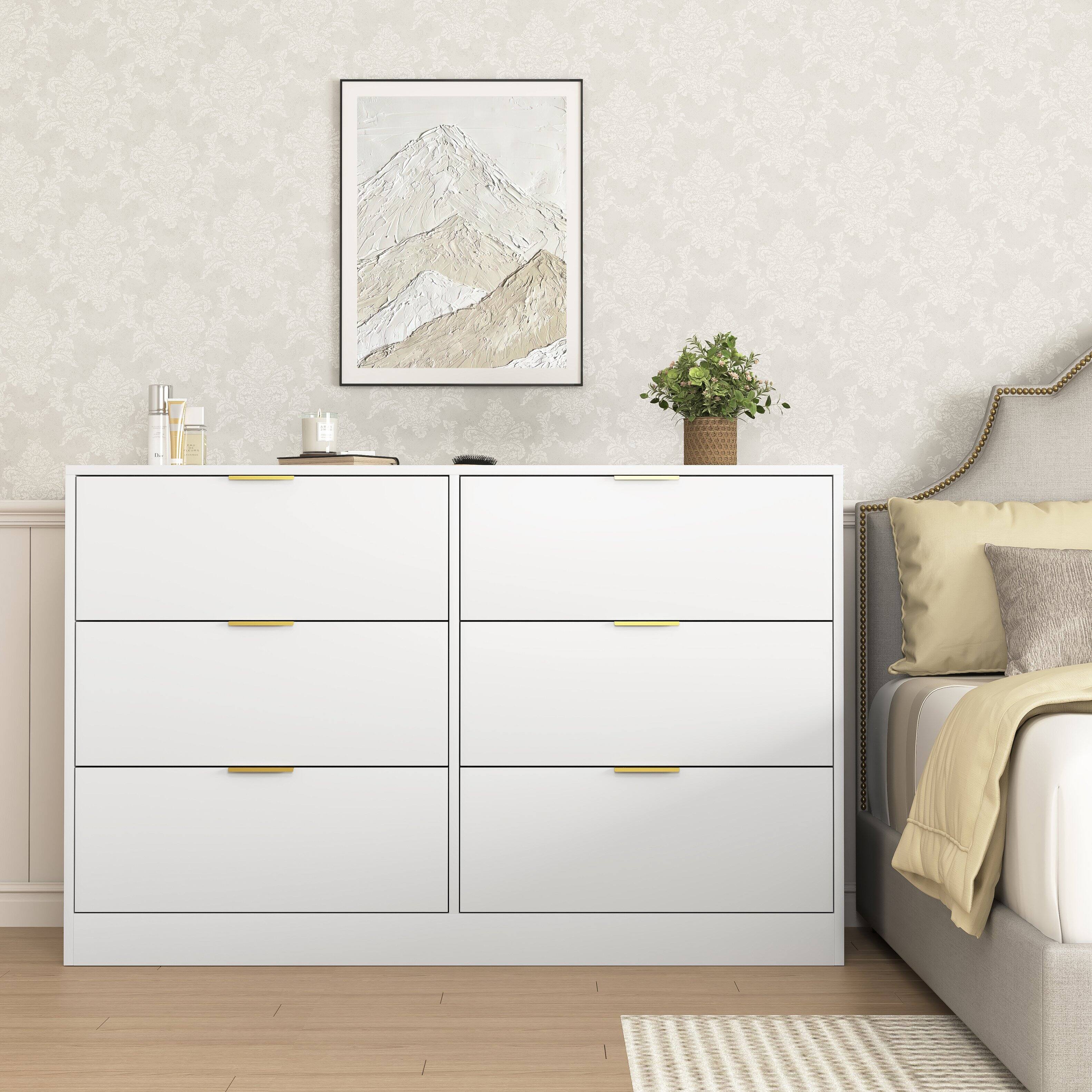 Angle. Z-Edge - 6 Drawer Dresser for Bedroom, Modern Chest of Drawers, Wood Storage Double Dresser with Deep Drawers for Living Room - White.