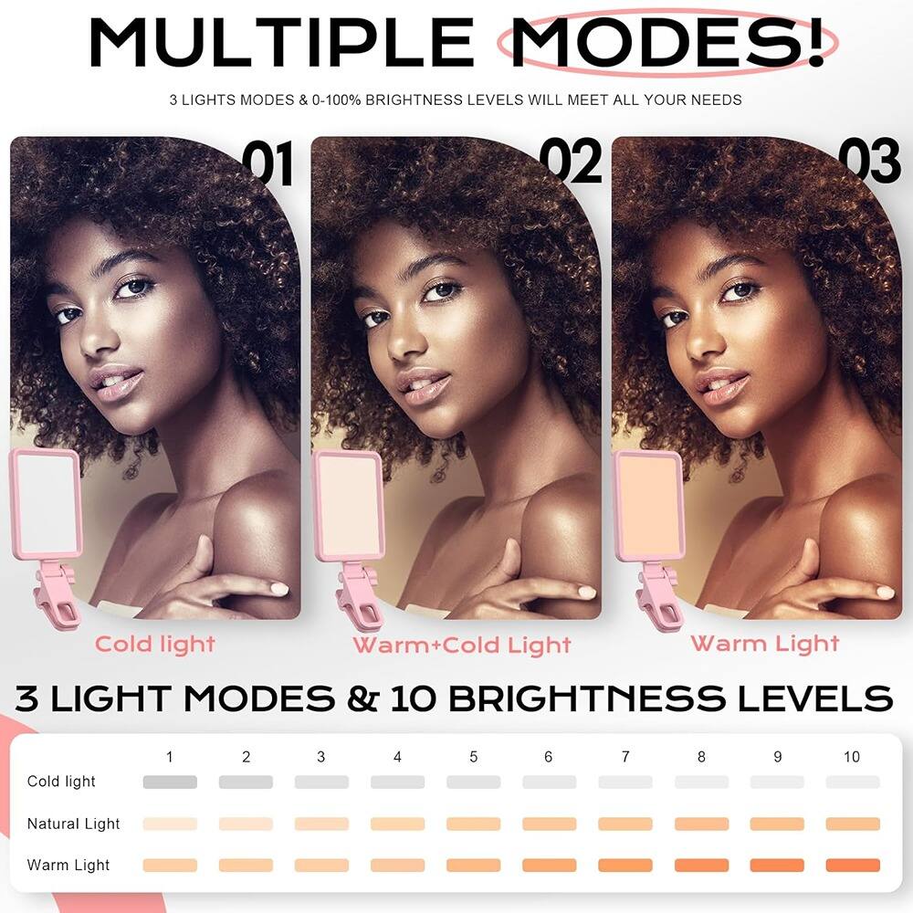 **MULTIPLE MODES!**  
3 LIGHTS MODES & 0-100% BRIGHTNESS LEVELS WILL MEET ALL YOUR NEEDS  

**01** Cold light  
**02** Warm + Cold Light  
**03** Warm Light  

**3 LIGHT MODES & 10 BRIGHTNESS LEVELS**  

Cold light  
Natural Light  
Warm Light  

1 2 3 4 5 6 7 8 9 10
