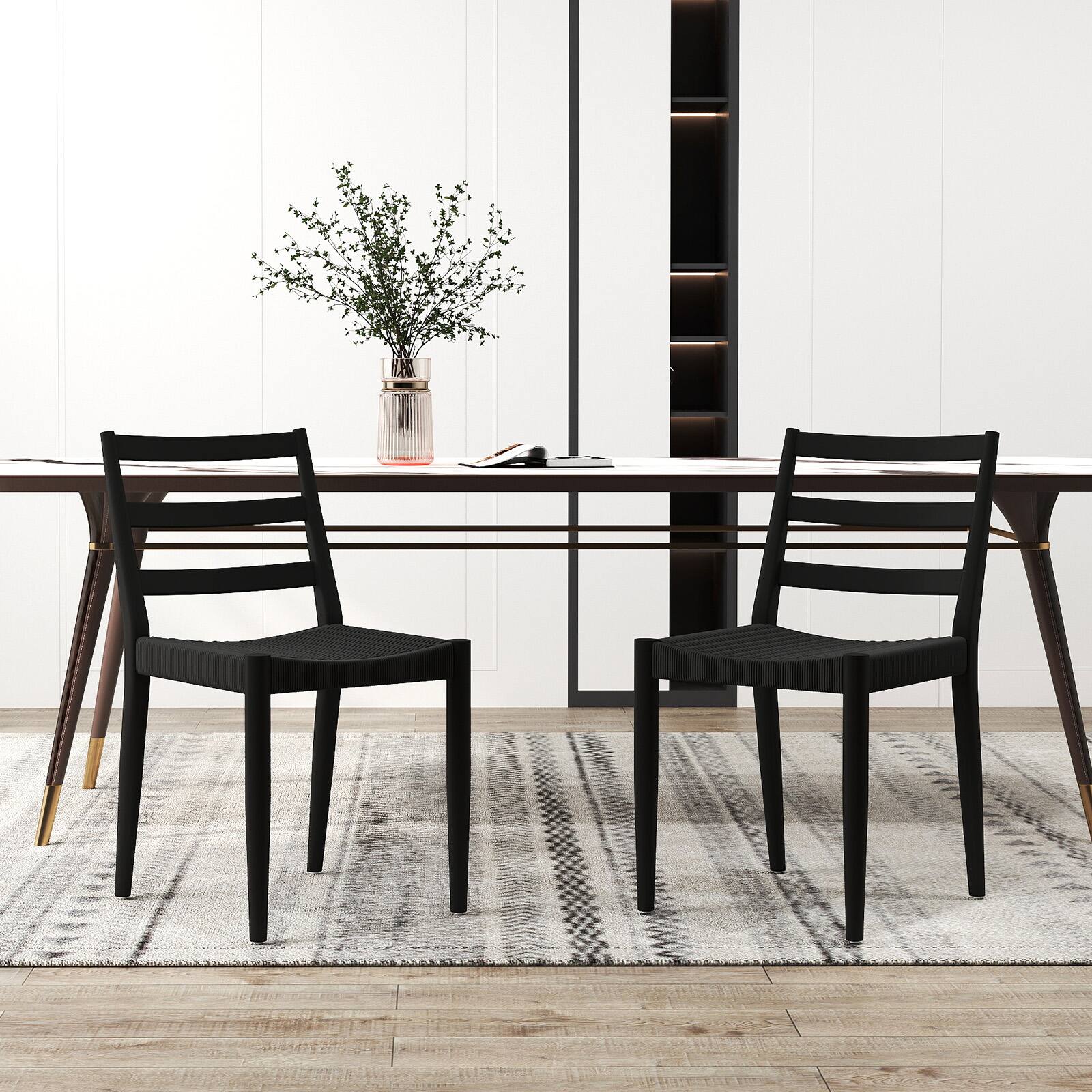 Left. Bestier - Dining Chairs with Curved Wooden Backrest, Woven Rope Seat and Solid Wood Tapered Legs - black.