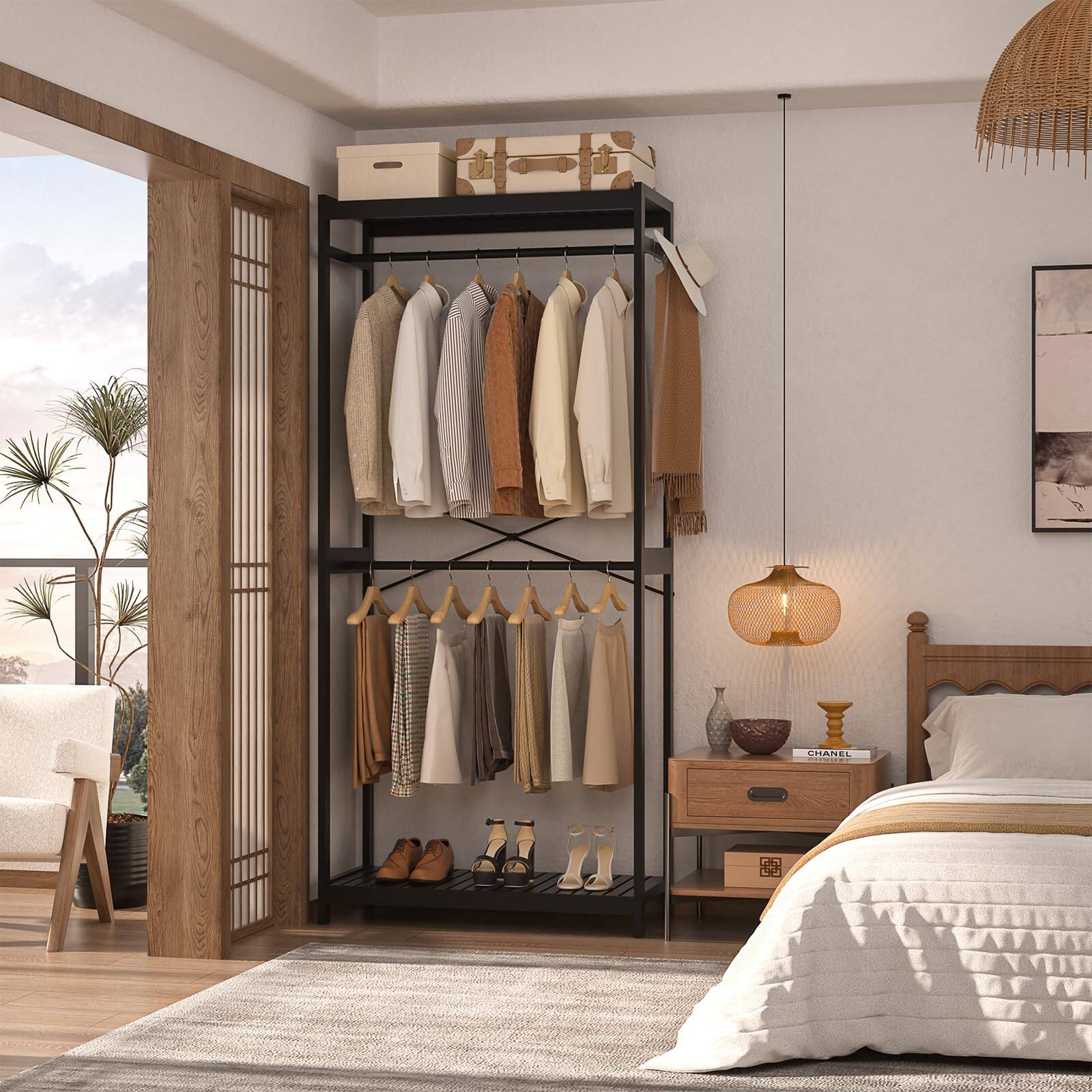 Alt View 2. Hirose Alice - Homykic Bamboo Clothes Rack with Shelves and Double Hang Rods  Closet System Garment Rack for Hanging Clothes - Natural I Single.