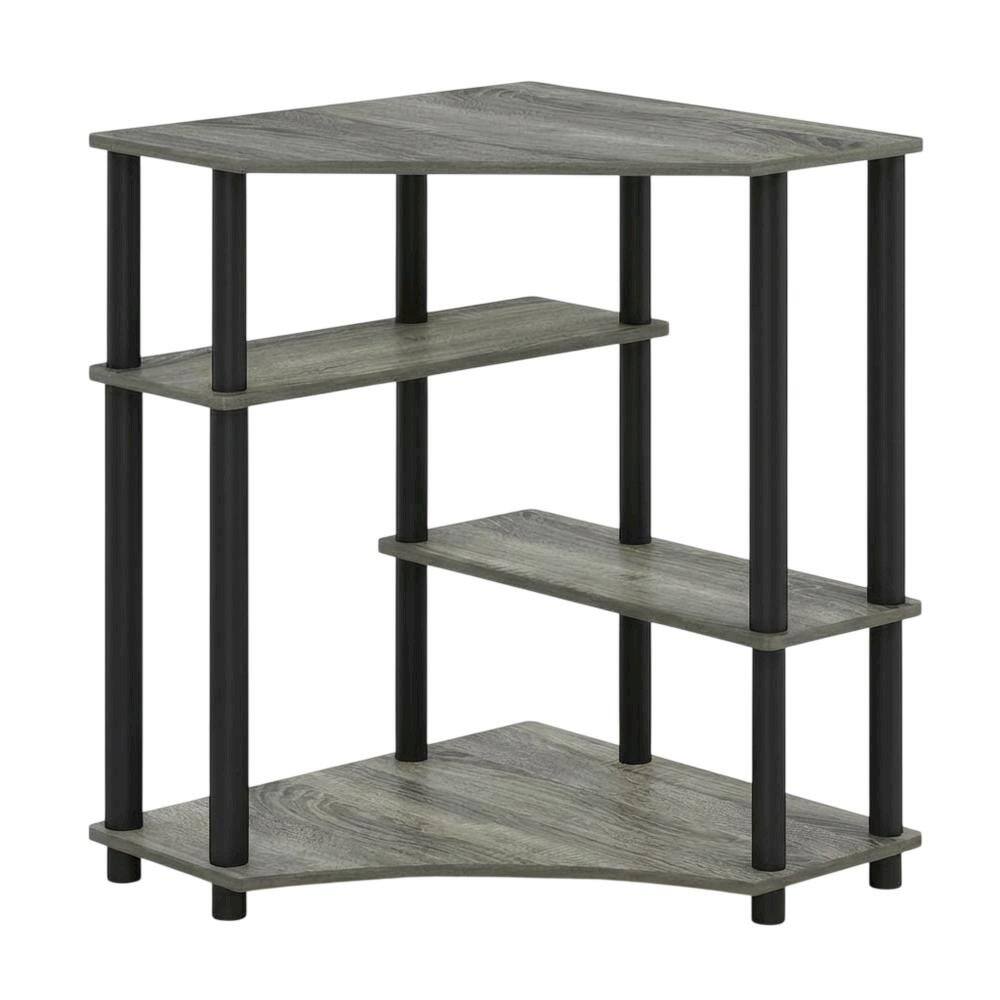 Back. BisonOffice - Gray Corner Desk With Shelves, Modern Ergonomic Design For Office Spaces - French Oak Grey/Black.