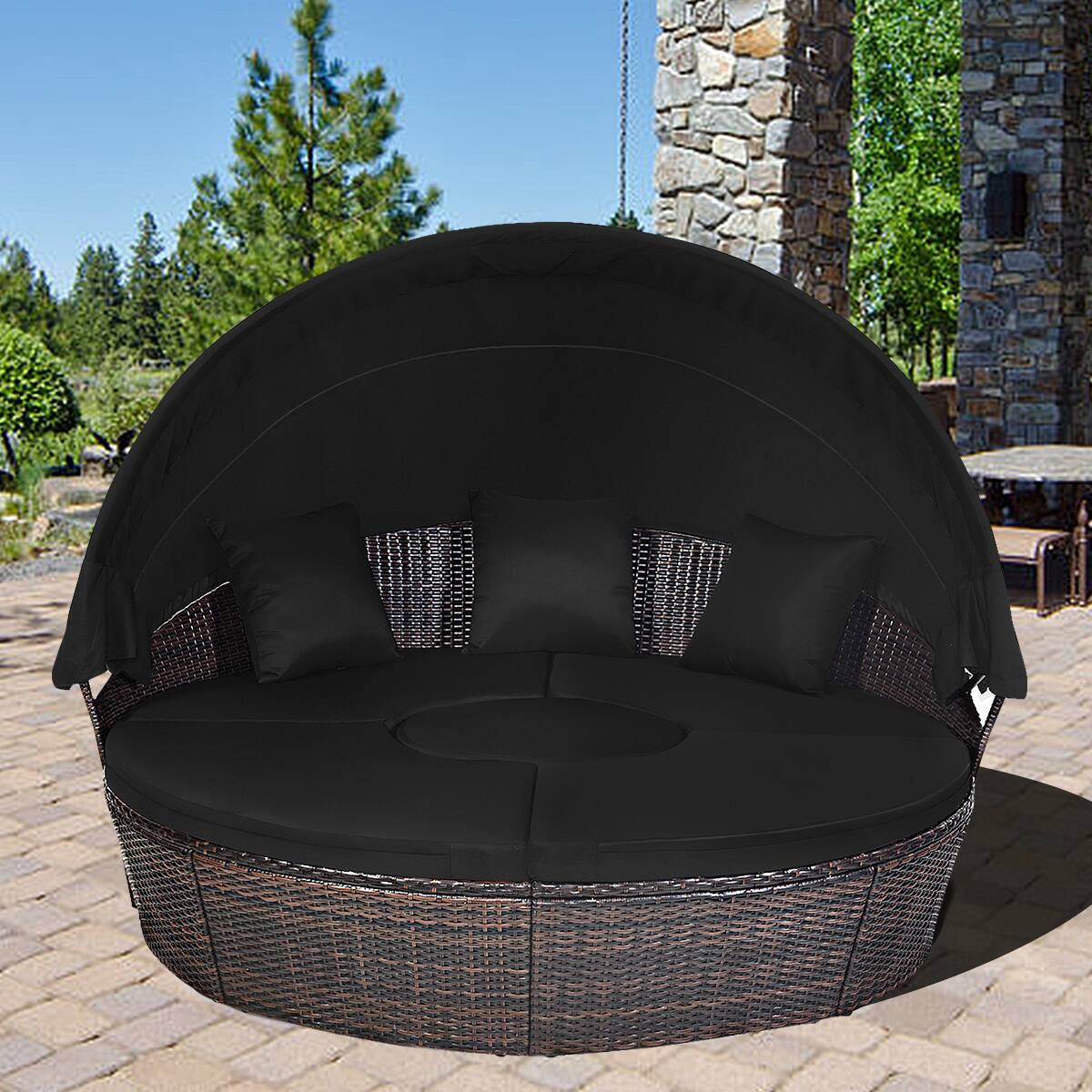 Alt View 3. Gymax - Gymax Cushioned Patio Rattan Round Daybed w/ Adjustable Table 3 Pillows Black - Black.