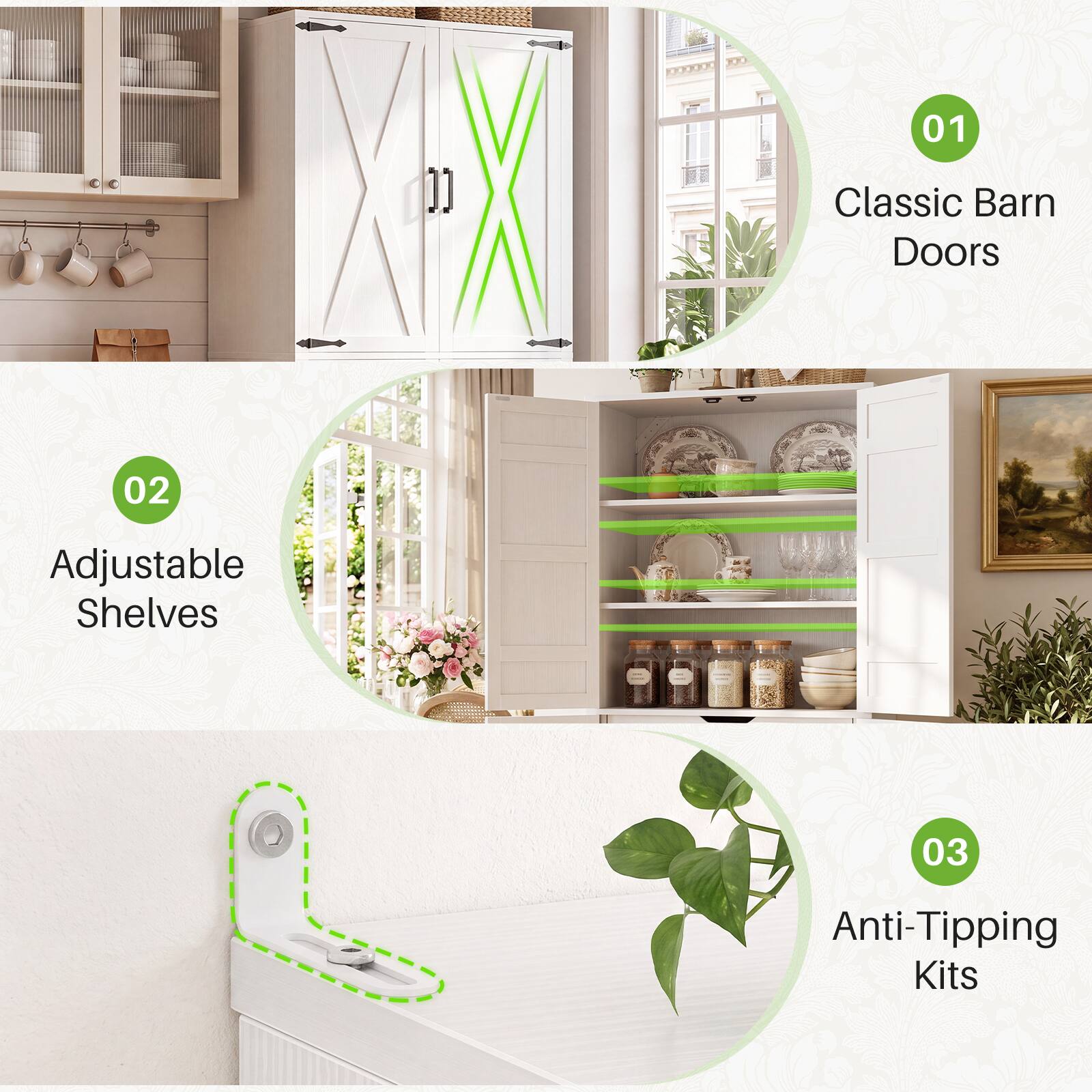 01 Classic Barn Doors  
02 Adjustable Shelves  
03 Anti-Tipping Kits