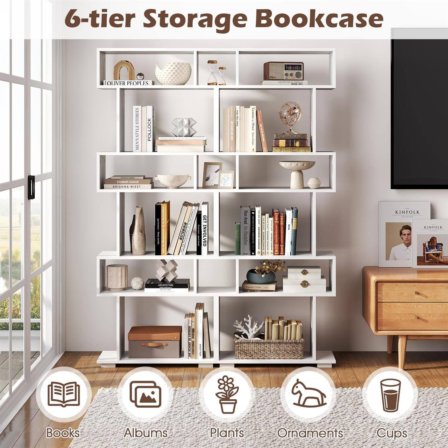 6-tier Storage Bookcase

- Books
- Albums
- Plants
- Ornaments
- Cups

OLIVER PEOPLES
STORIES STYLE MENS
POLLOCK
BRIANNA MIEST
KINFOLK
KINFOLK
