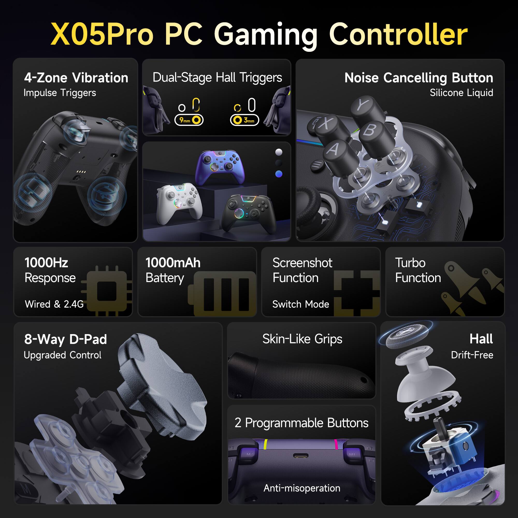 X05Pro PC Gaming Controller

- 4-Zone Vibration
- Dual-Stage Hall Triggers
- Noise Cancelling Button (Silicone Liquid)
- 1000Hz Response
- 1000mAh Battery
- 8-Way D-Pad (Upgraded Control)
- Skin-Like Grips
- Hall (Drift-Free)
- 2 Programmable Buttons (Anti-misoperation)
- Wired & 2.4G
- Screenshot Function
- Turbo Function
- Switch Mode