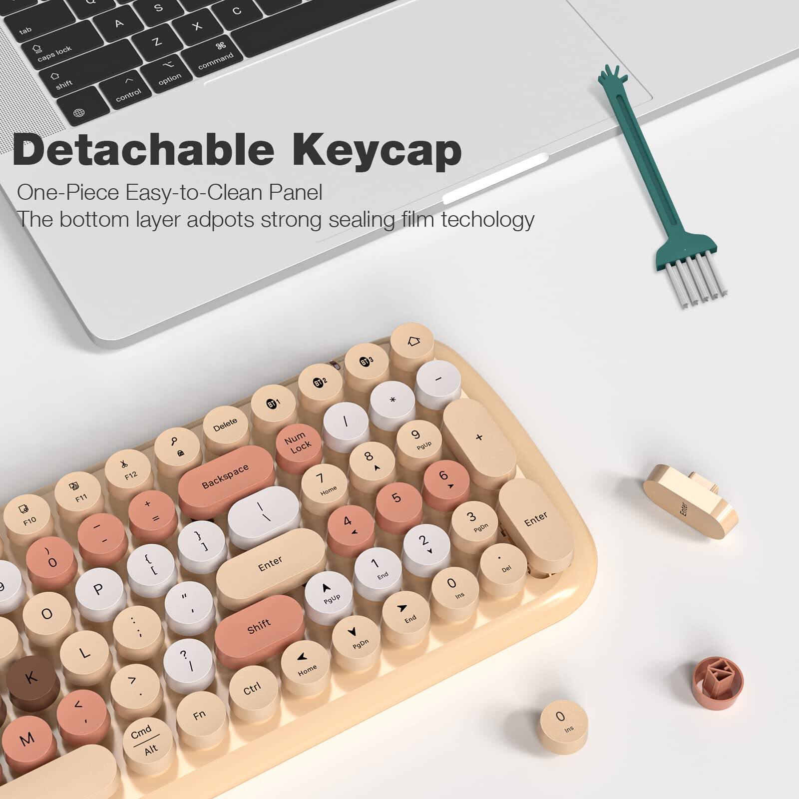 Sure, here is the corrected and grouped text from the image:

---

**Detachable Keycap**

One-Piece Easy-to-Clean Panel

The bottom layer adopts strong sealing film technology

---

**Keyboard Layout:**

- Q W E R T Y U I O P
- A S D F G H J K L
- Z X C V B N M
- Tab Caps Lock Shift
- Control Option Command
- F10 F11 F12
- Delete Backspace
- Num Lock
- 9 8 7 6 5 4 3 2 1 0
- - + = Home End
- P G H J K L
- O I U Y
- Enter
- Shift
- Ctrl Fn
- Cmd Alt

---

**Additional Text:**

- Detachable Keycap
- One-Piece Easy-to-Clean Panel
- The bottom layer adopts strong sealing film technology