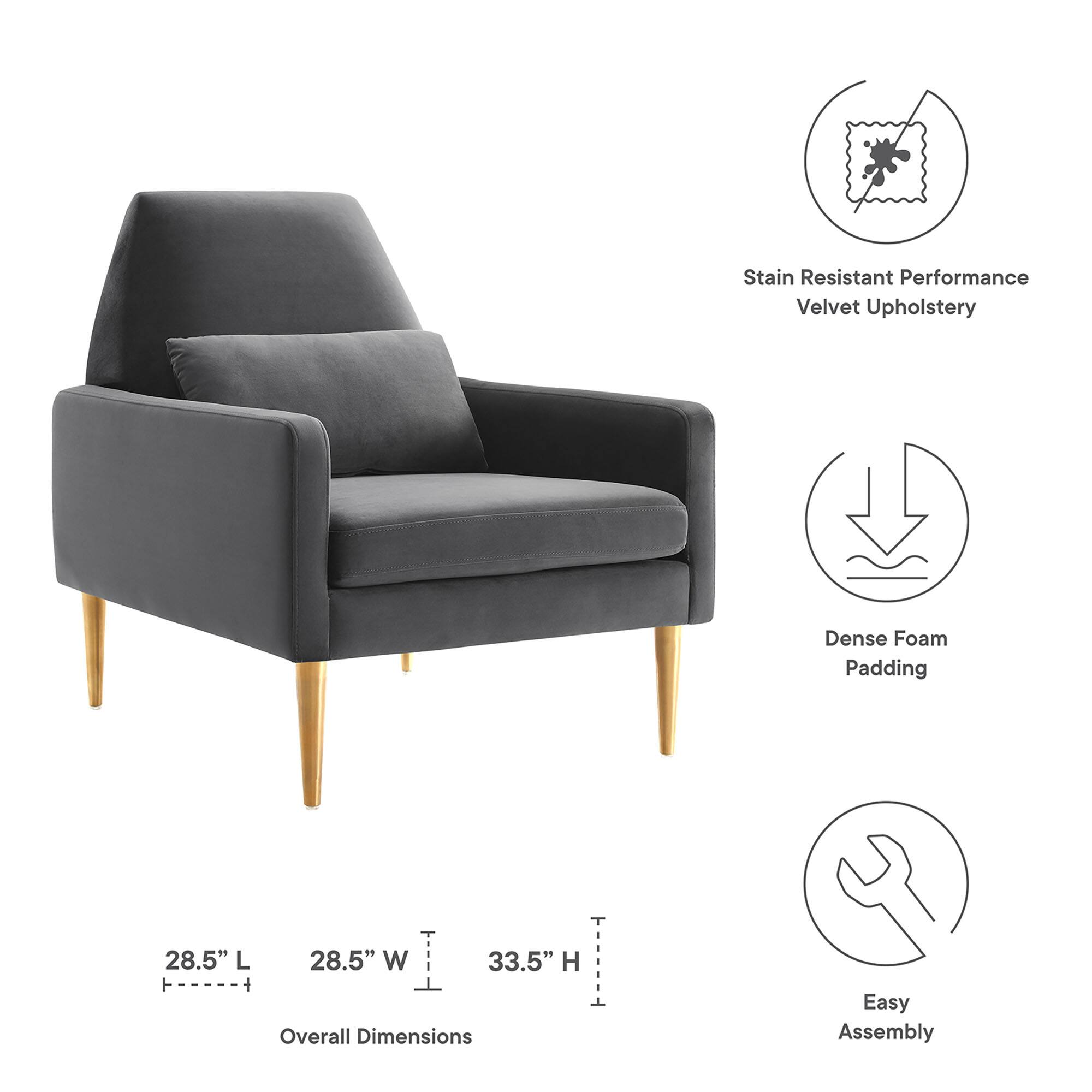 - Stain Resistant Performance Velvet Upholstery
- Dense Foam Padding
- Overall Dimensions: 28.5" L x 28.5" W x 33.5" H
- Easy Assembly