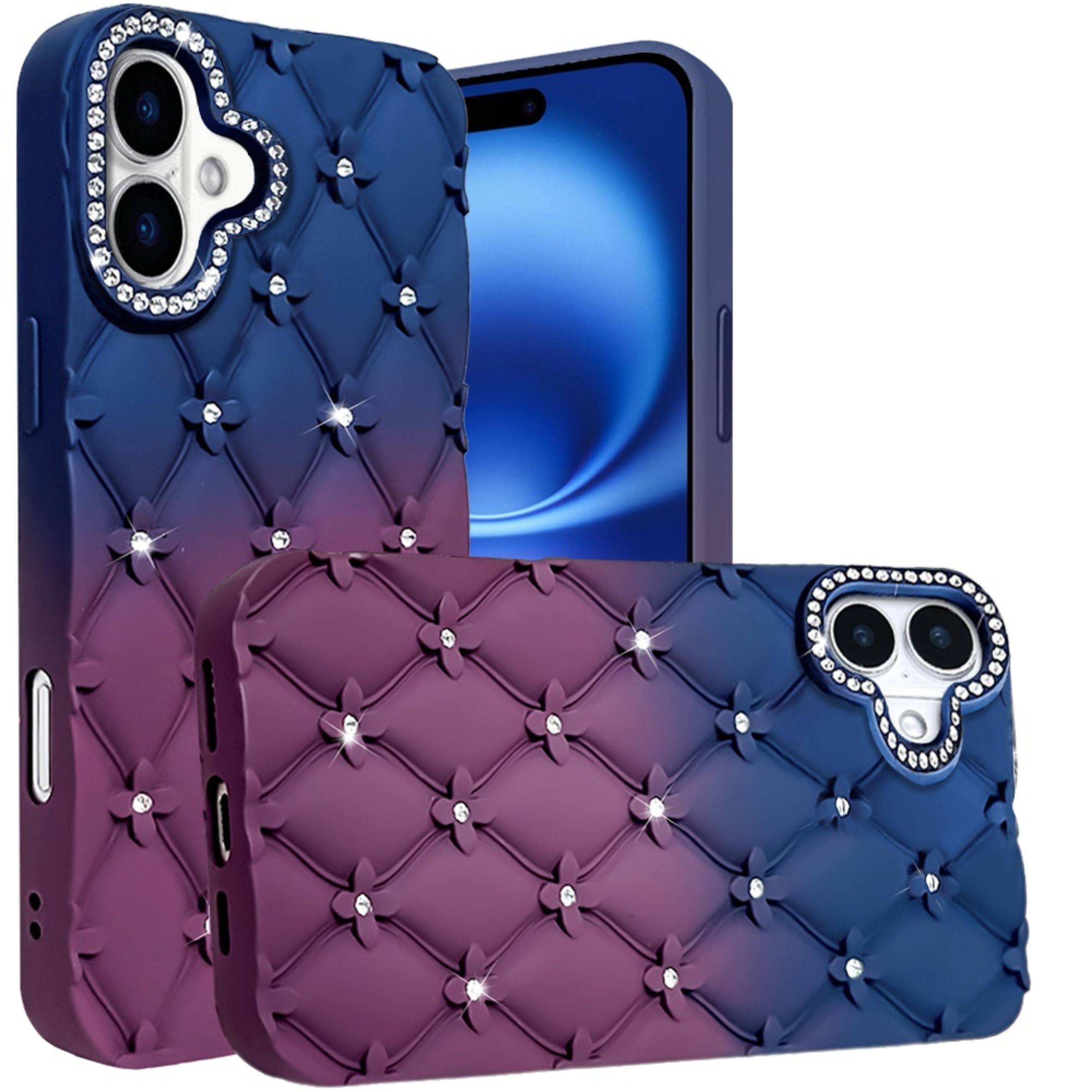 Left. Kitcheniva - Bling Diamond Pattern Rubber Phone Cover Plus Tempered Glass For iPhone 17 Dark Blue/Burgundy - Dark Blue/Burgundy.