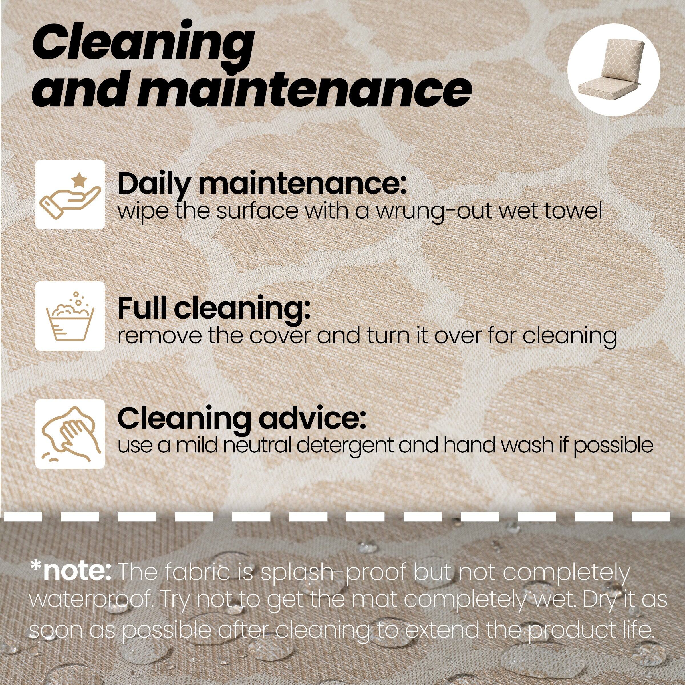 **Cleaning and maintenance**

- **Daily maintenance:** wipe the surface with a wrung-out wet towel
- **Full cleaning:** remove the cover and turn it over for cleaning
- **Cleaning advice:** use a mild neutral detergent and hand wash if possible

*note: The fabric is splash-proof but not completely waterproof. Try not to get the mat completely wet. Dry it as soon as possible after cleaning to extend the product life.