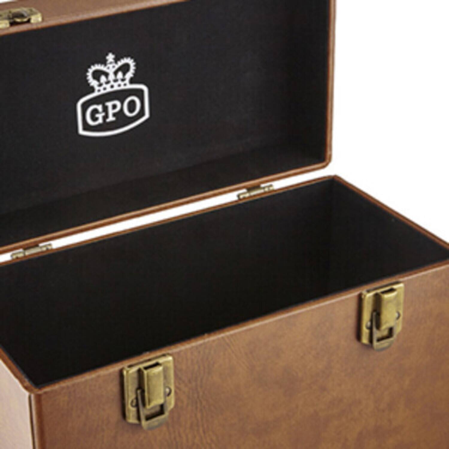 Alt View 2. PopMarket - GPO Retro SWB18BRO 12" Vinyl Record Case 35 Count Capacity with Removable Lid - Brown   - VINYL ACCESSORIES - Brown.