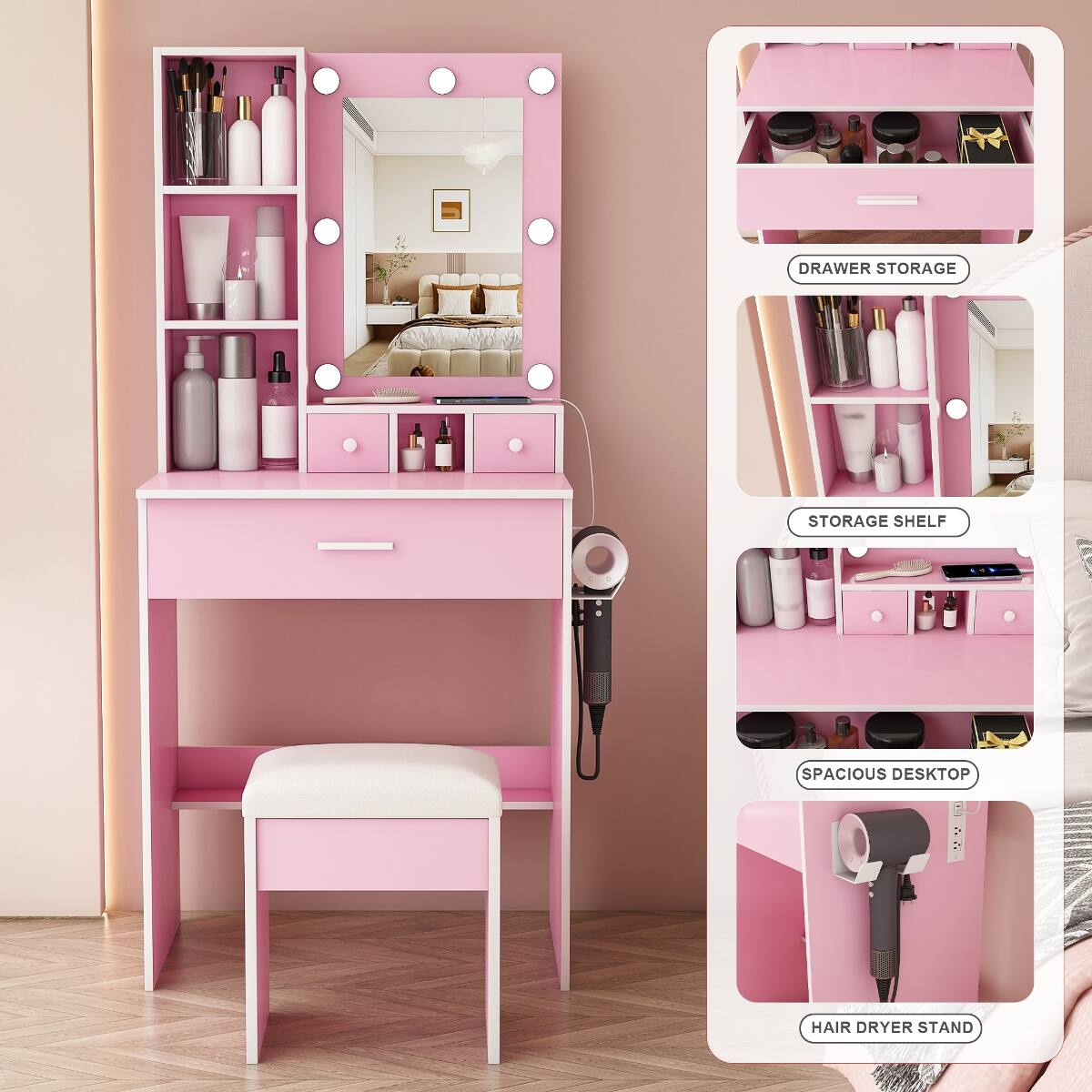 DRAWER STORAGE  
STORAGE SHELF  
SPACIOUS DESKTOP  
HAIR DRYER STAND