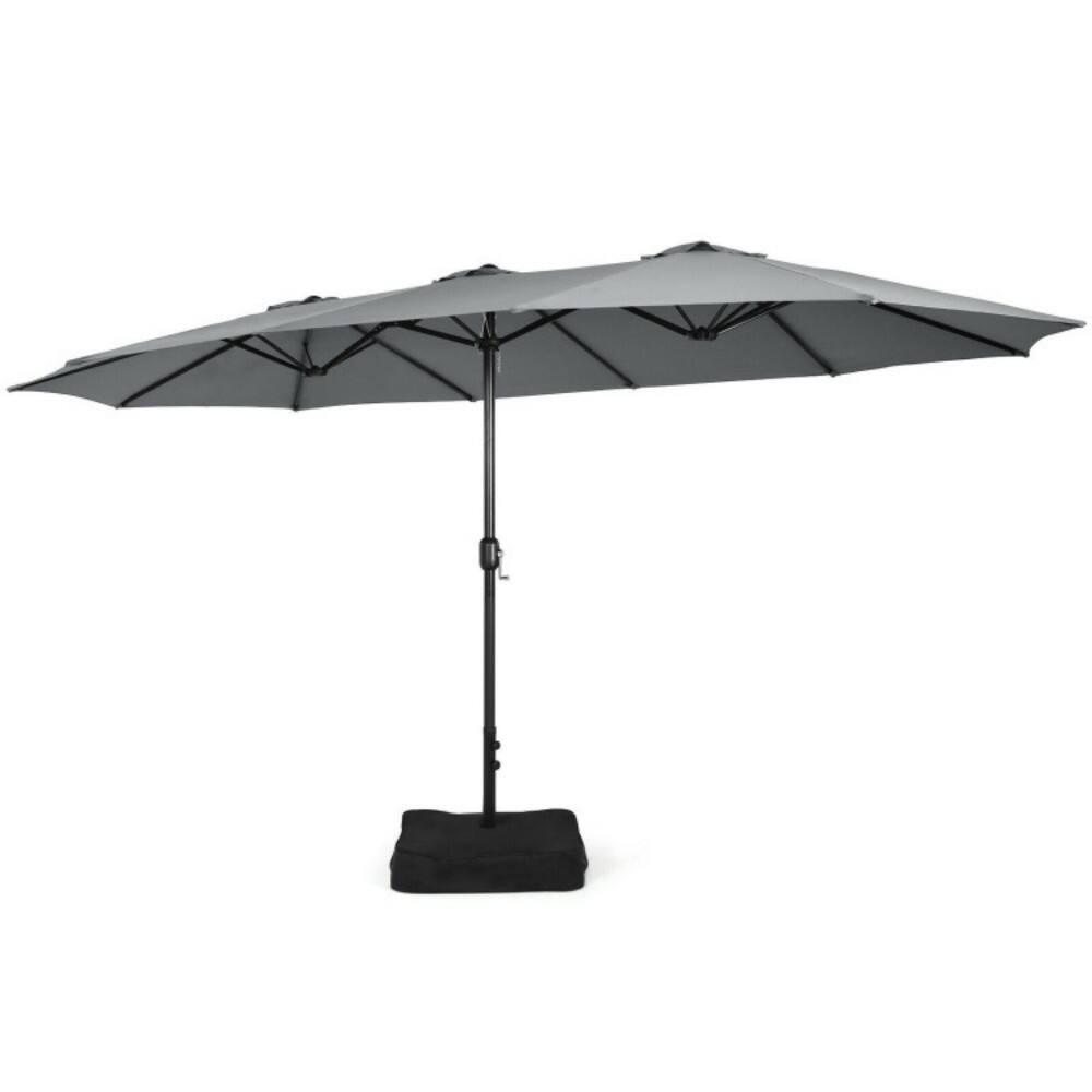 Left. Mondawe - 15 Feet Double-Sided Twin Patio Umbrella with Crank and Base - Gray.