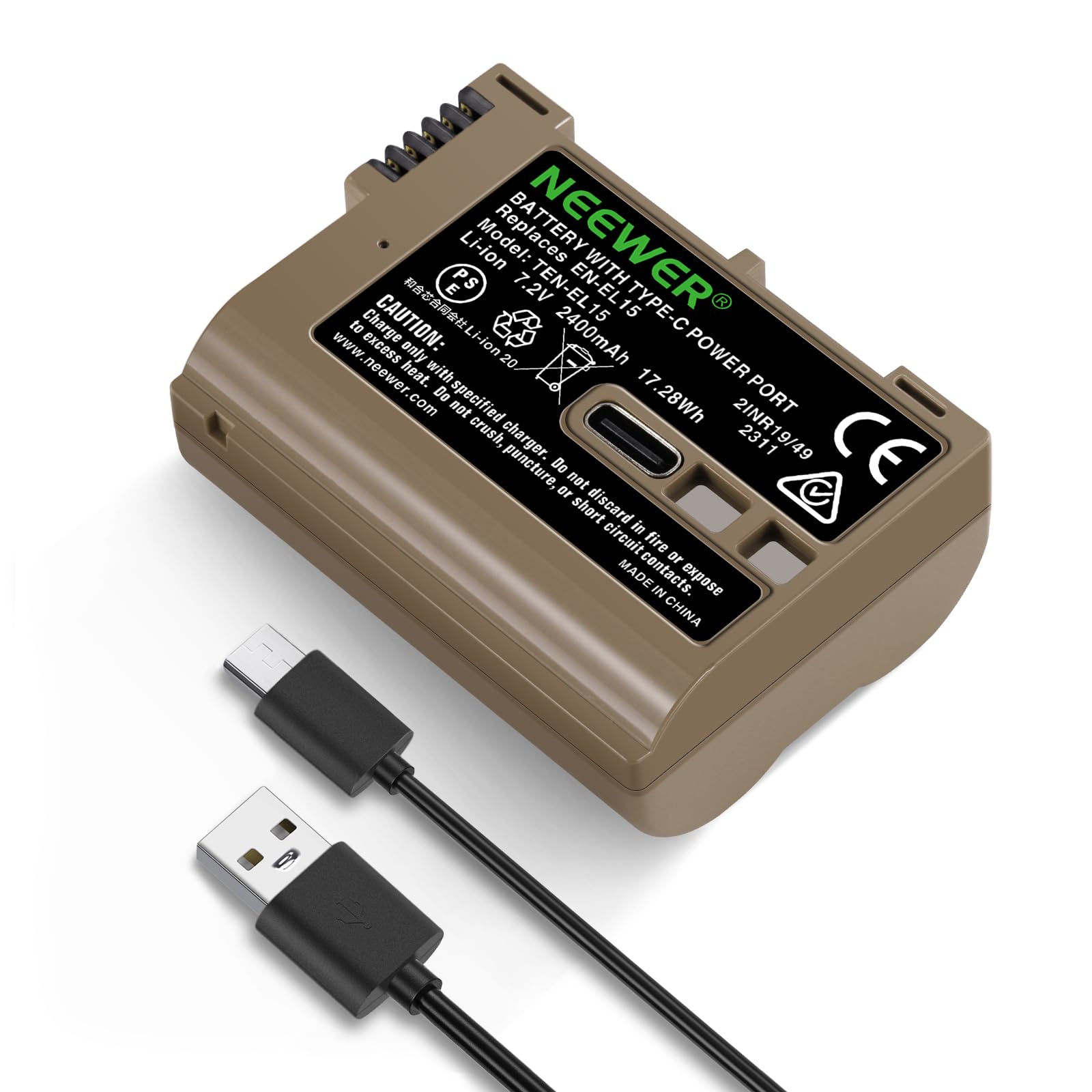 Li-ion Model: BATTERY NEEWER PS 7.2V EN-EL15  
Charge CAUTION: Li-ion 2400mAh 17.28Wh  
TYPE-C www.neewer.com  
Do not crush, puncture, or expose in circuit fire circuit contacts.  
MADE IN CHINA