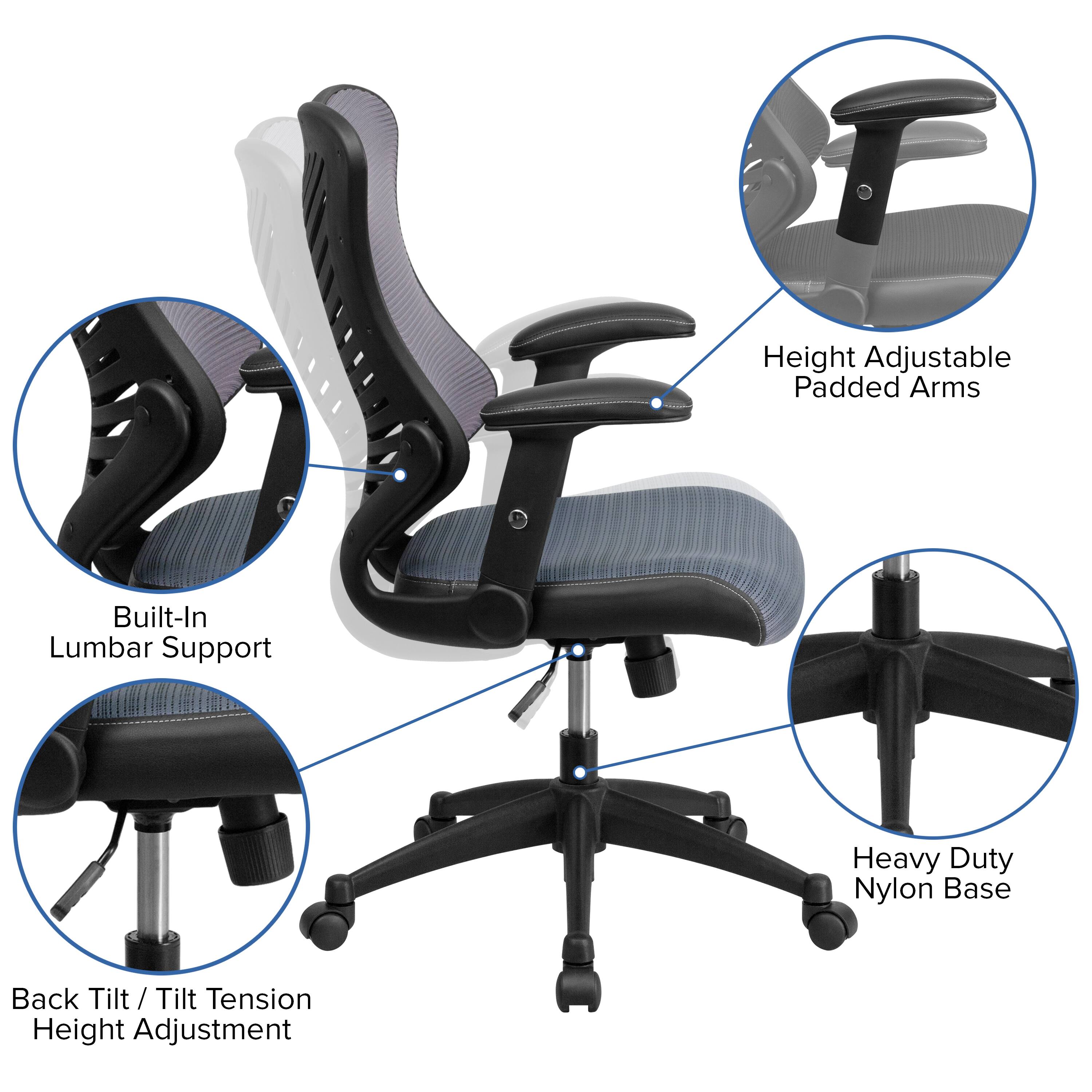 Height Adjustable Padded Arms  
Built-In Lumbar Support  
Heavy Duty Nylon Base  
Back Tilt / Tilt Tension Height Adjustment