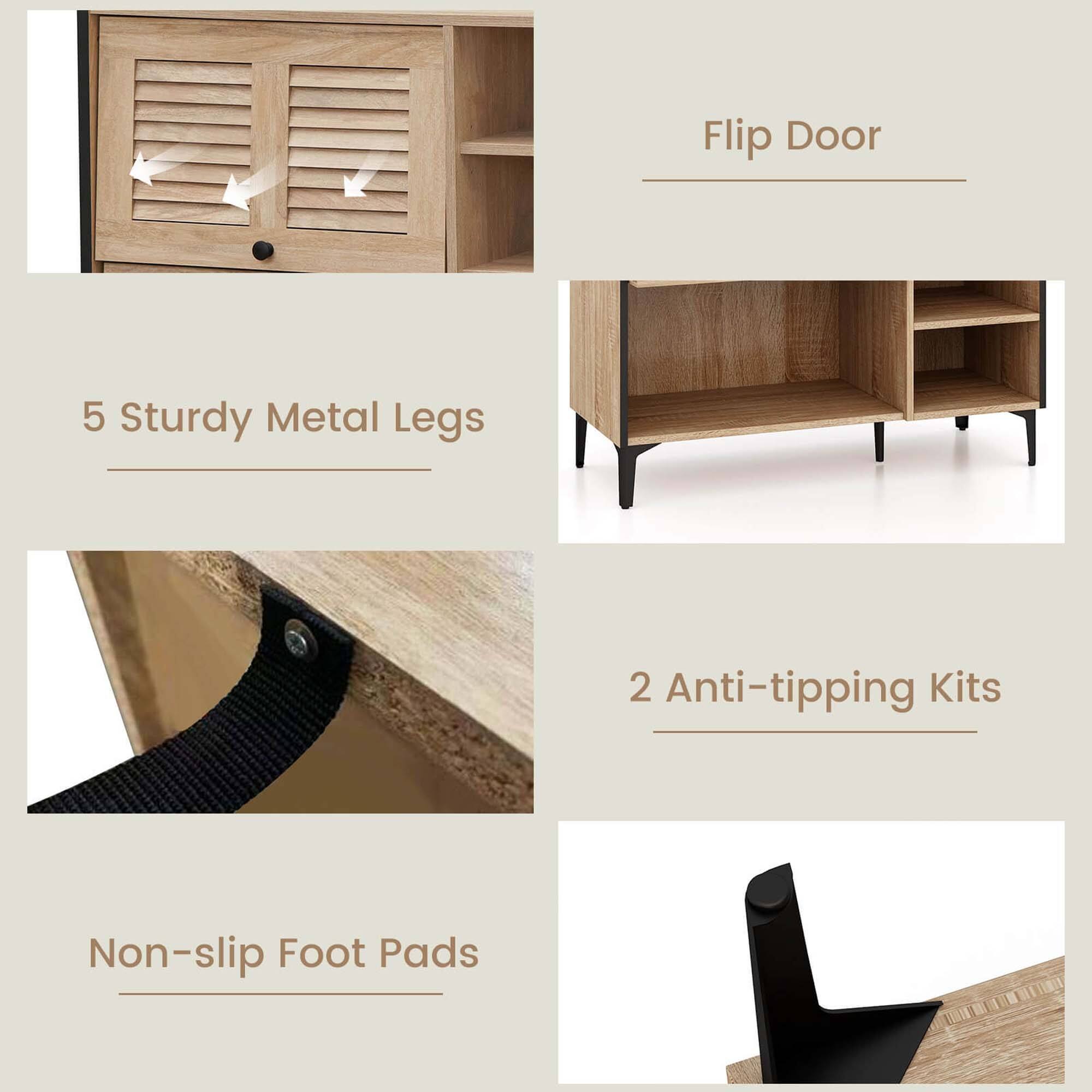 Flip Door: A door that can be flipped open or closed, providing easy access to the cabinet.
5 Sturdy Metal Legs: The cabinet has five metal legs that provide stability and support.
2 Anti-tipping Kits: The cabinet comes with two anti-tipping kits to prevent it from tipping over.
Non-slip Foot Pads: The cabinet has non-slip foot pads to keep it in place and prevent it from moving.