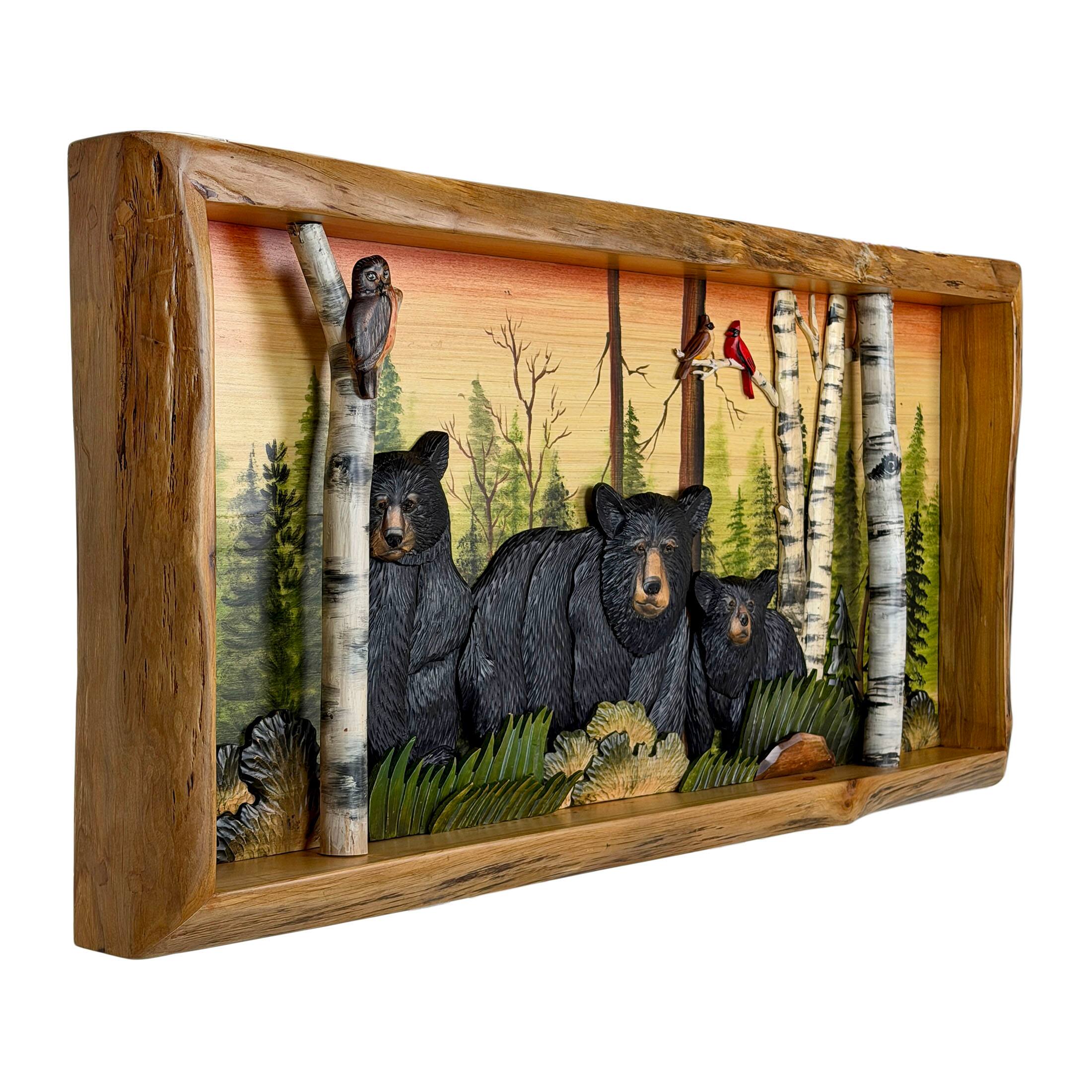 Alt View 1. Zeckos - Rustic Bear Family in Woods Intarsia Wood Wall Sculpture 35.5x18 Indoor - Brown.