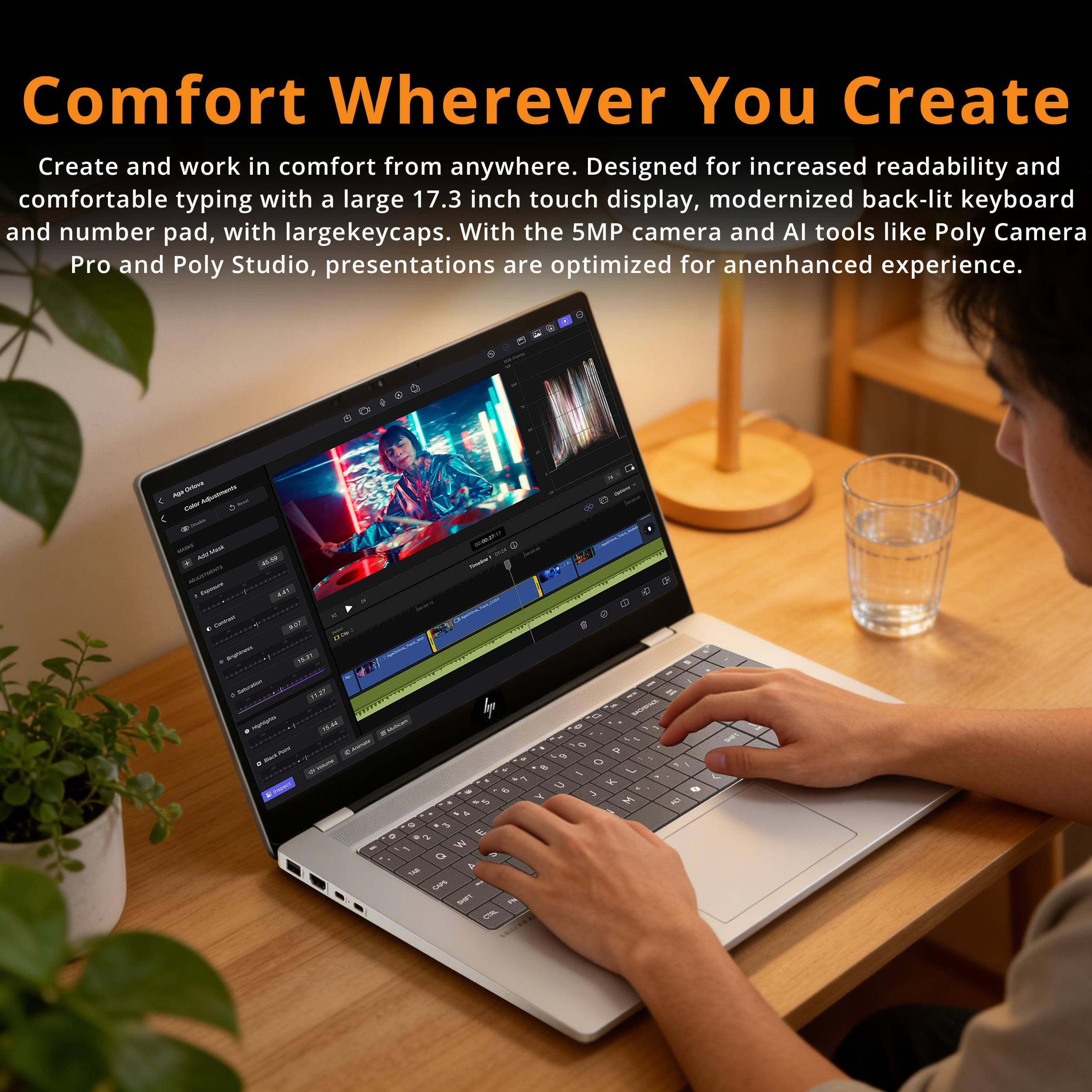 Comfort Wherever You Create

Create and work in comfort from anywhere. Designed for increased readability and comfortable typing with a large 17.3 inch touch display, modernized back-lit keyboard and number pad, with large keycaps. With the 5MP camera and AI tools like Poly Camera Pro and Poly Studio, presentations are optimized for an enhanced experience.