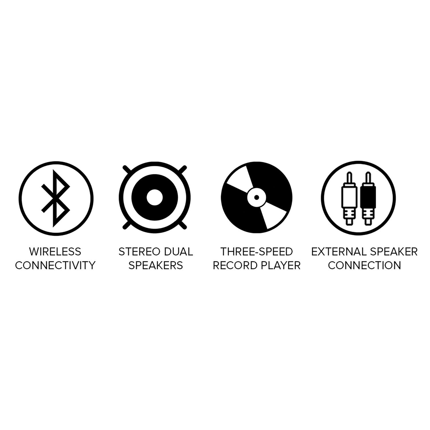- Wireless Connectivity
- Stereo Dual Speakers
- Three-Speed Record Player
- External Speaker Connection