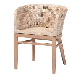 bali & pari - Papua Modern Bohemian Antique Washed Rattan and Mahogany Wood Dining Chair - Antique white wash/ Light brown