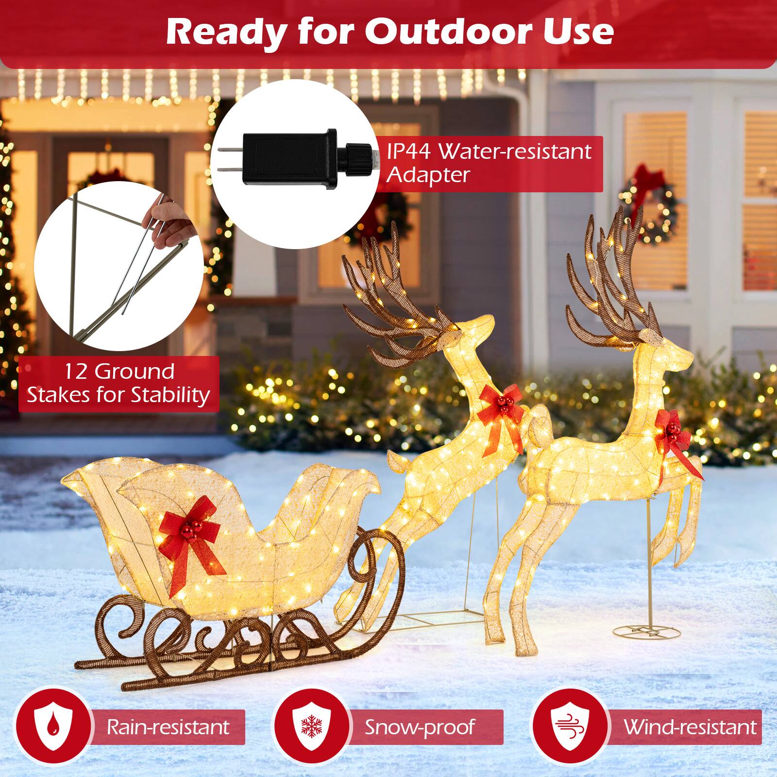 Ready for Outdoor Use

IP44 Water-resistant Adapter

12 Ground Stakes for Stability

Rain-resistant

Snow-proof

Wind-resistant