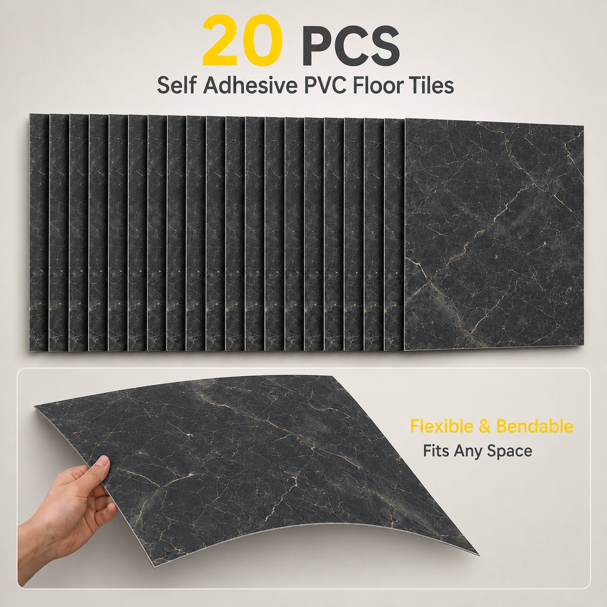 20 PCS Self Adhesive PVC Floor Tiles Flexible & Bendable Fits Any Space